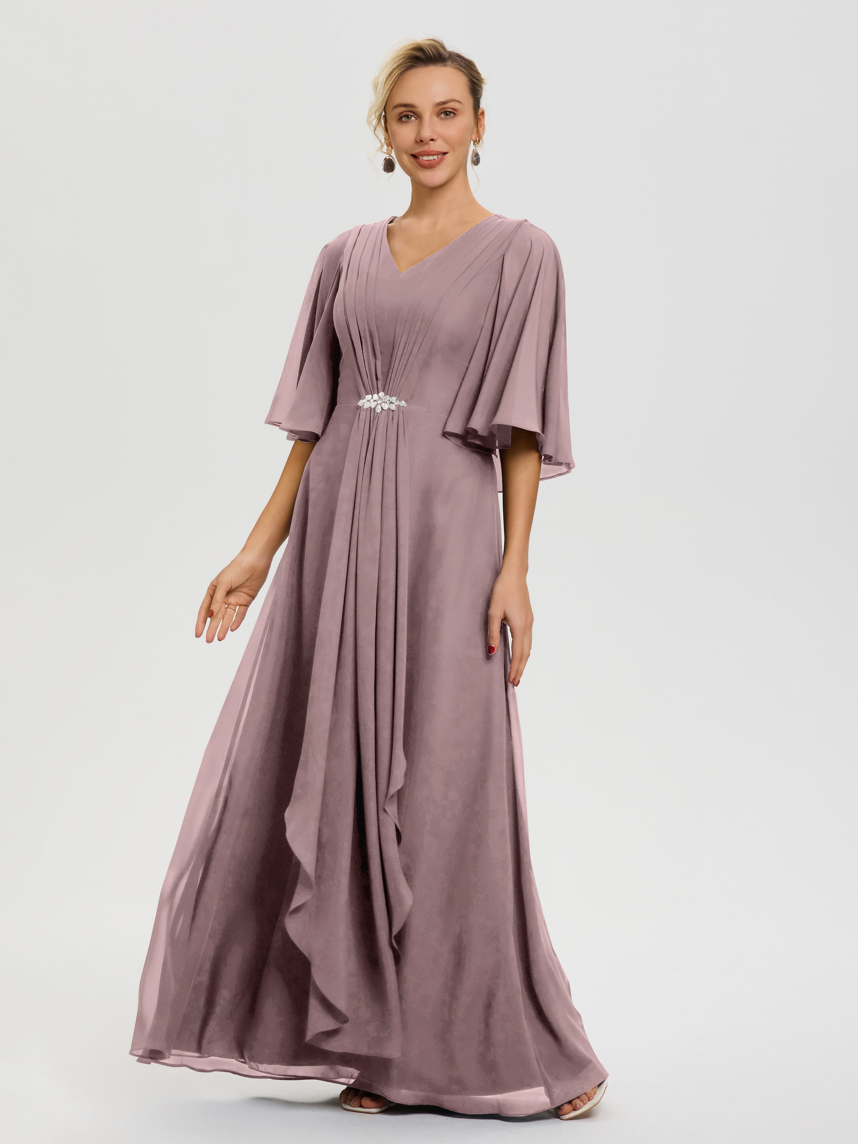 Robe Mère De La Mariée Chic Vintage Mauve Col V Mousseline Demi Manches Robe De Mère Du Marié