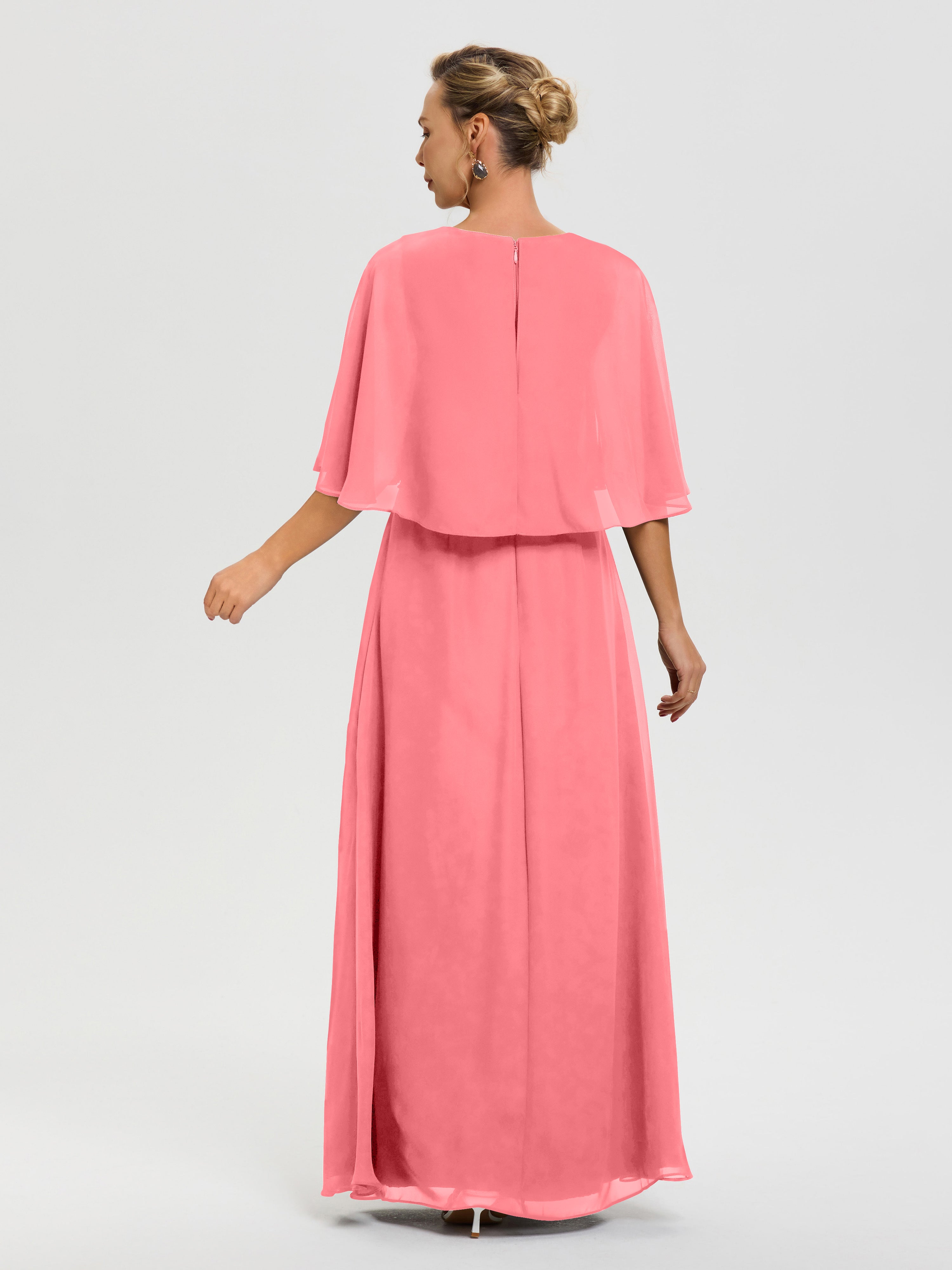 Robe Mariage Mère De La Mariée Pastèque Col V Mousseline Demi Manches Robe De Mère Du Marié