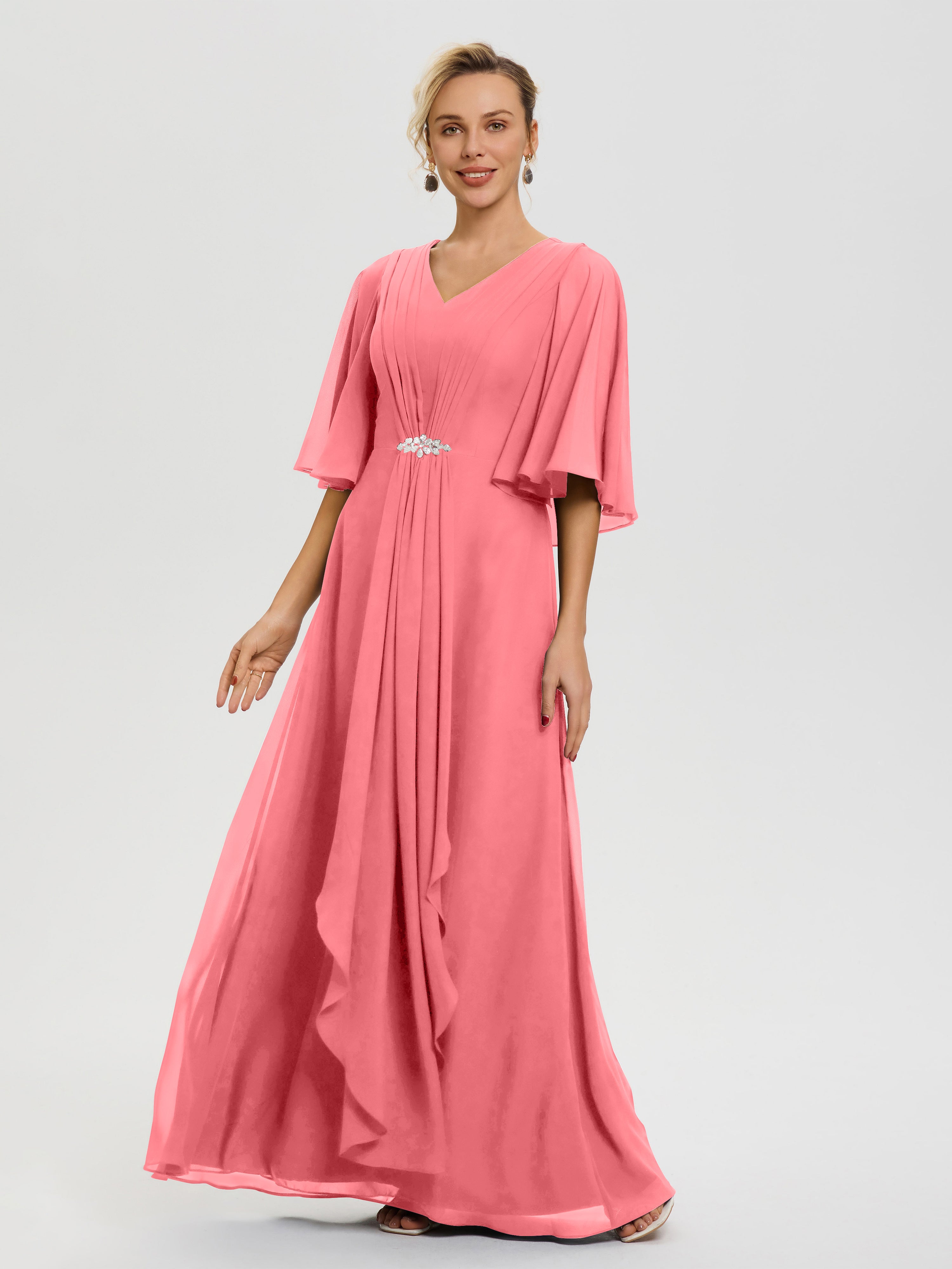 Robe Mariage Mère De La Mariée Pastèque Col V Mousseline Demi Manches Robe De Mère Du Marié