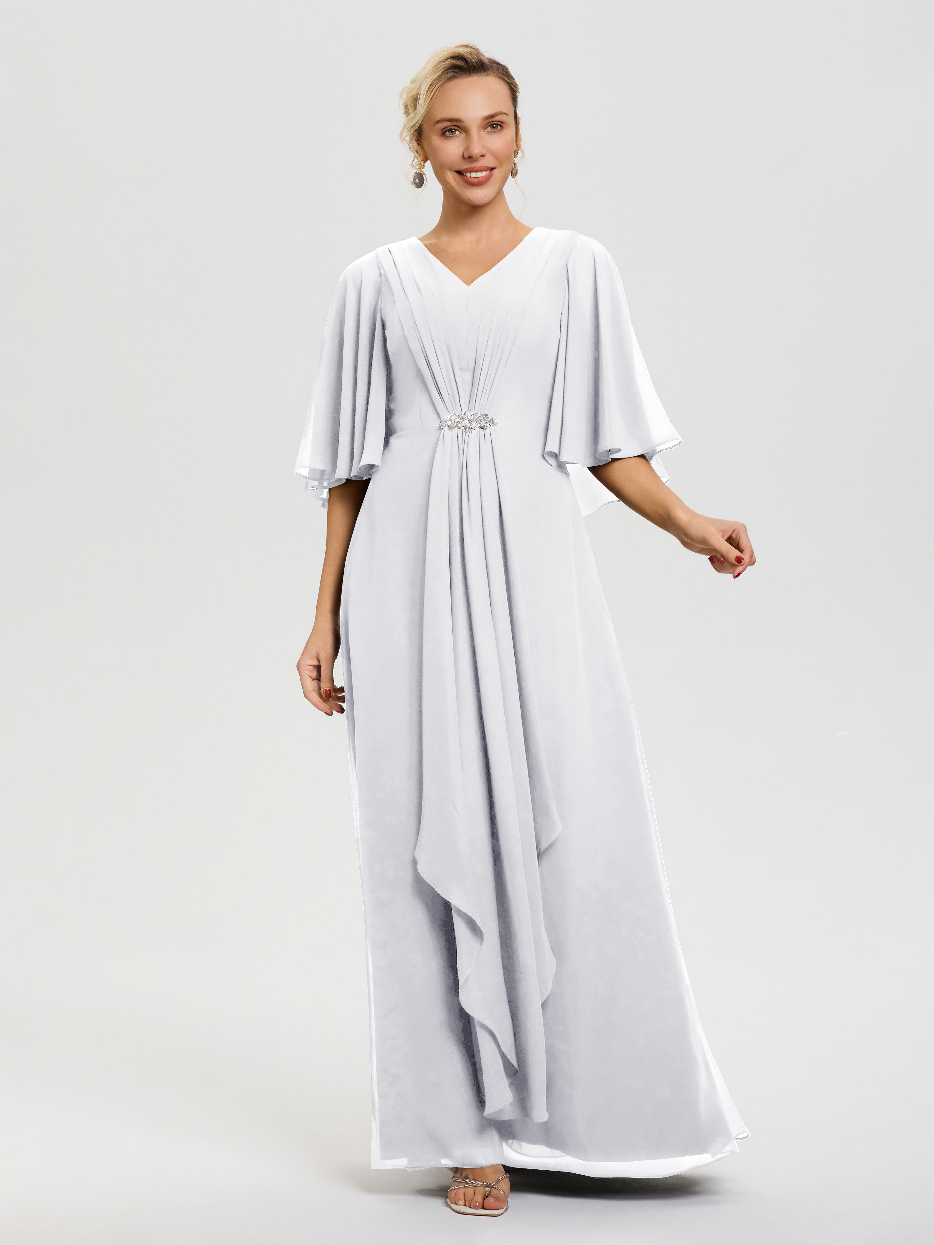Robe Pour La Mère De La Mariée Blanc Col V Mousseline Demi Manches Robe De Mère Du Marié