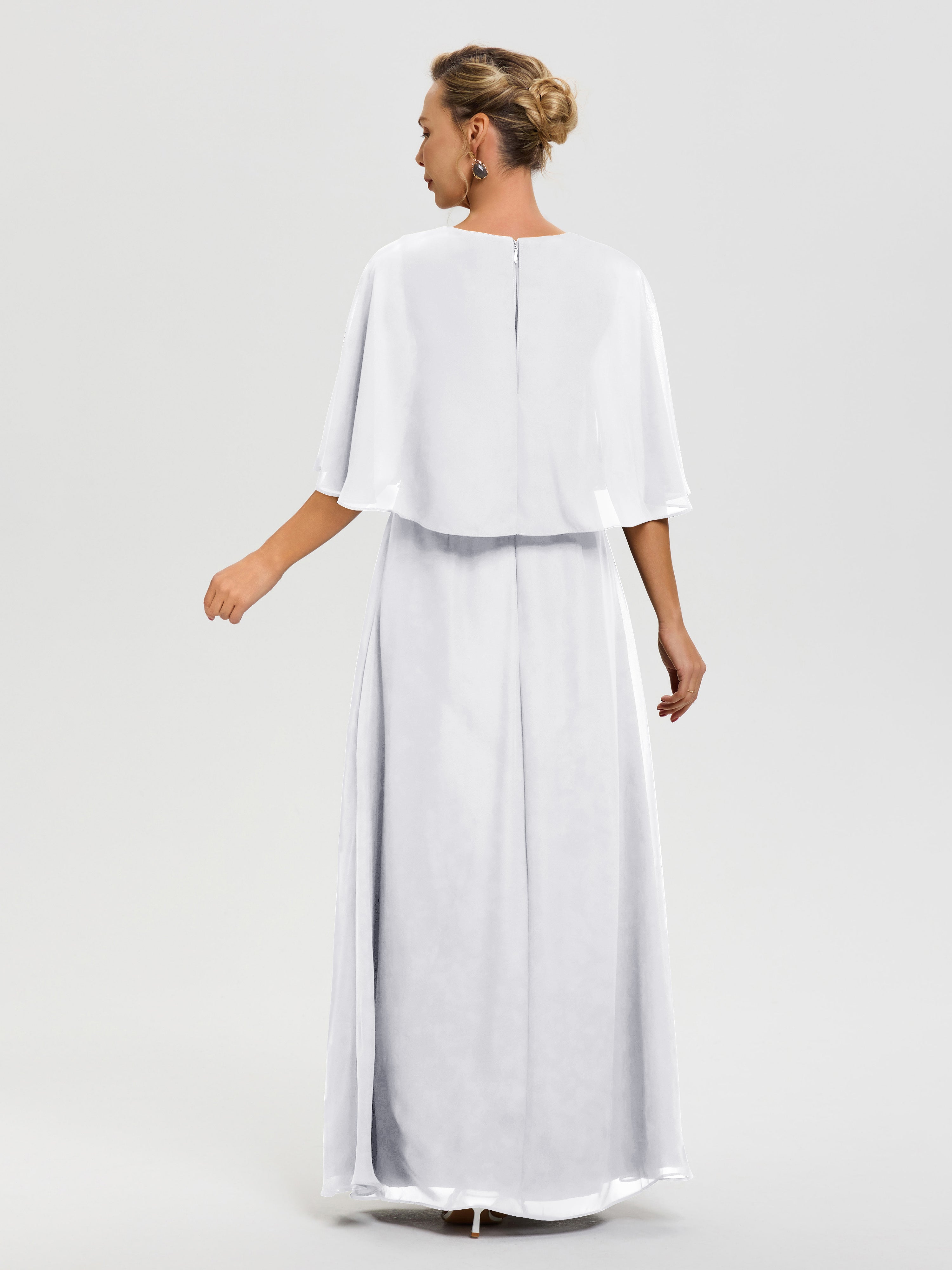 Robe Pour La Mère De La Mariée Blanc Col V Mousseline Demi Manches Robe De Mère Du Marié