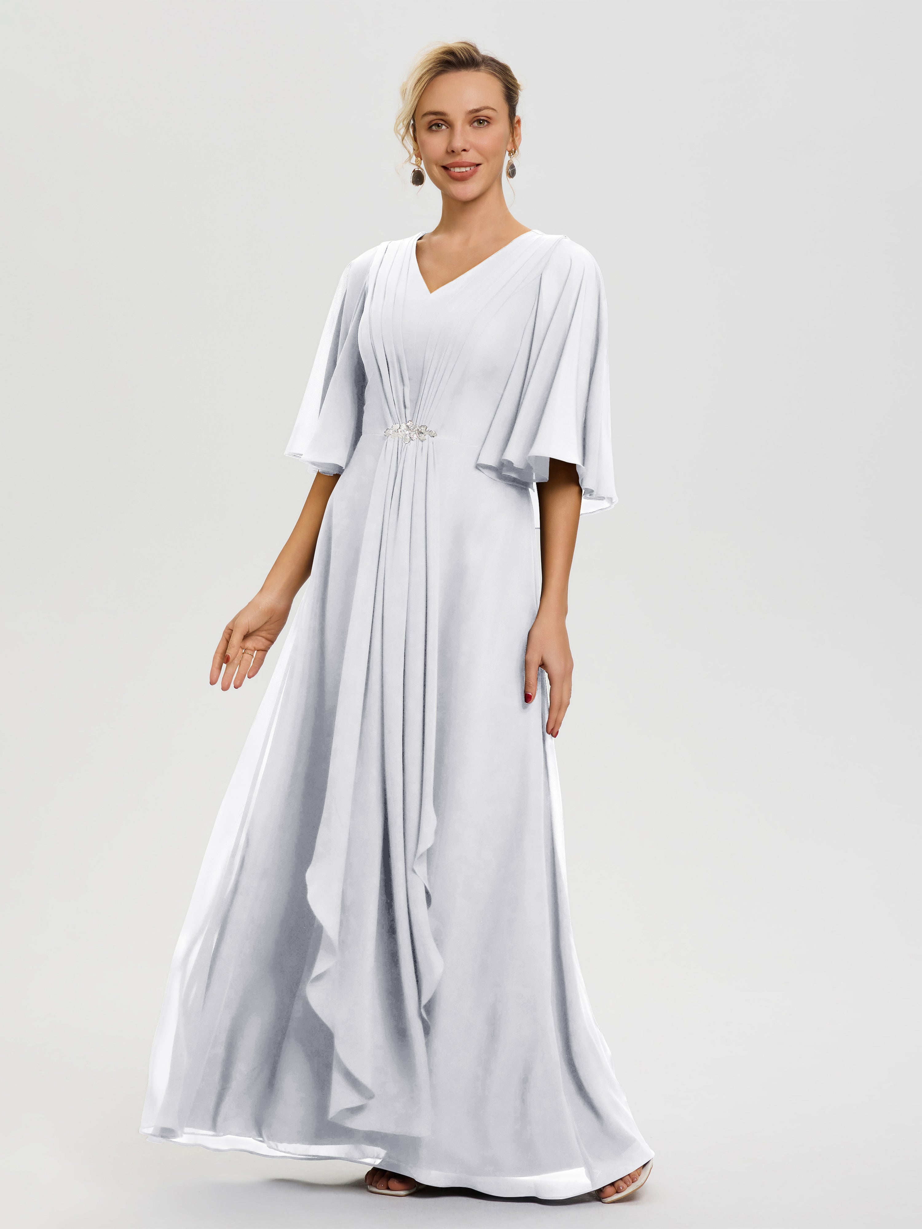 Robe Pour La Mère De La Mariée Blanc Col V Mousseline Demi Manches Robe De Mère Du Marié