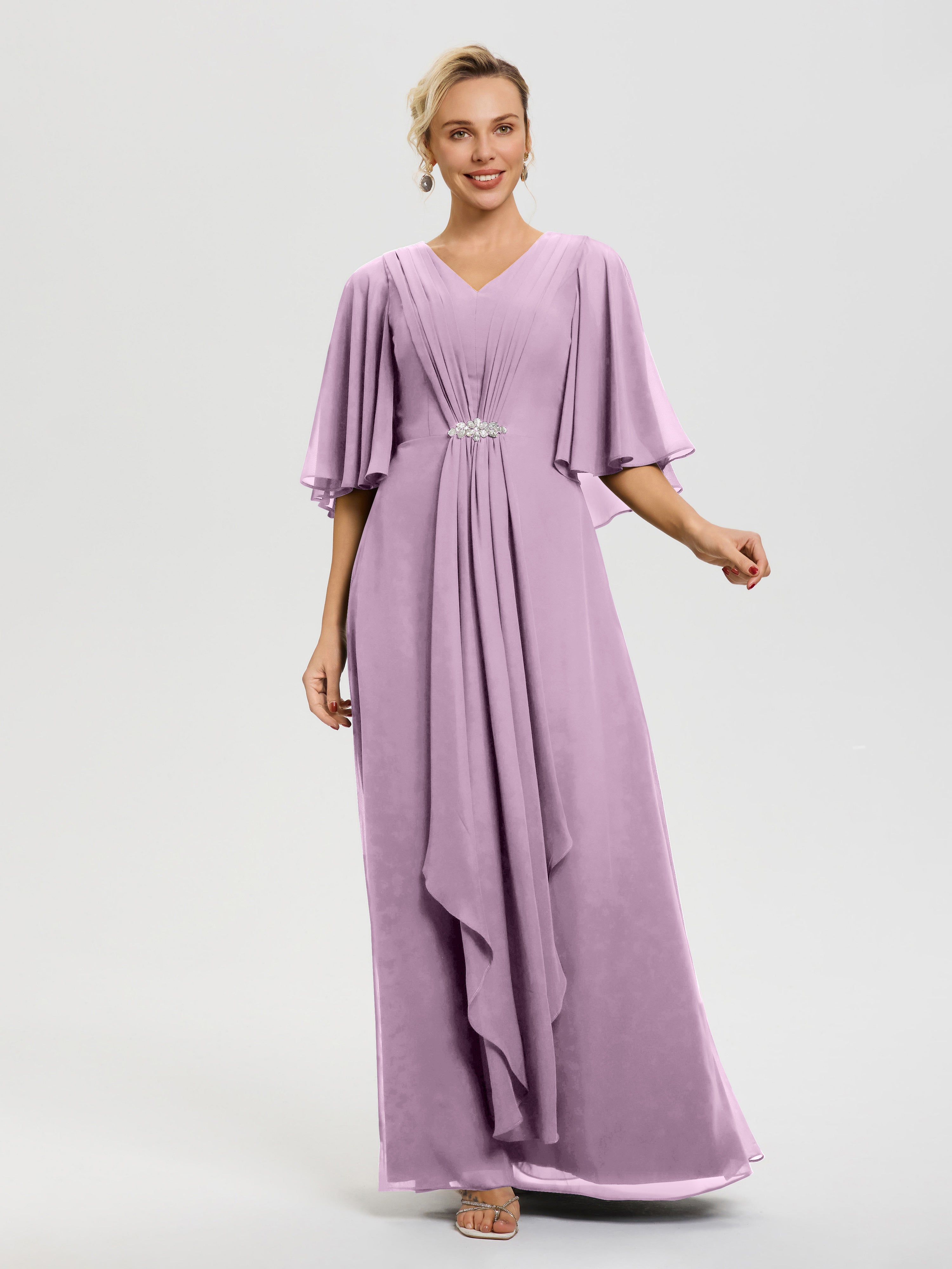 Robe Pour La Mère De La Mariée Glycine Col V Mousseline Demi Manches Robe De Mère Du Marié
