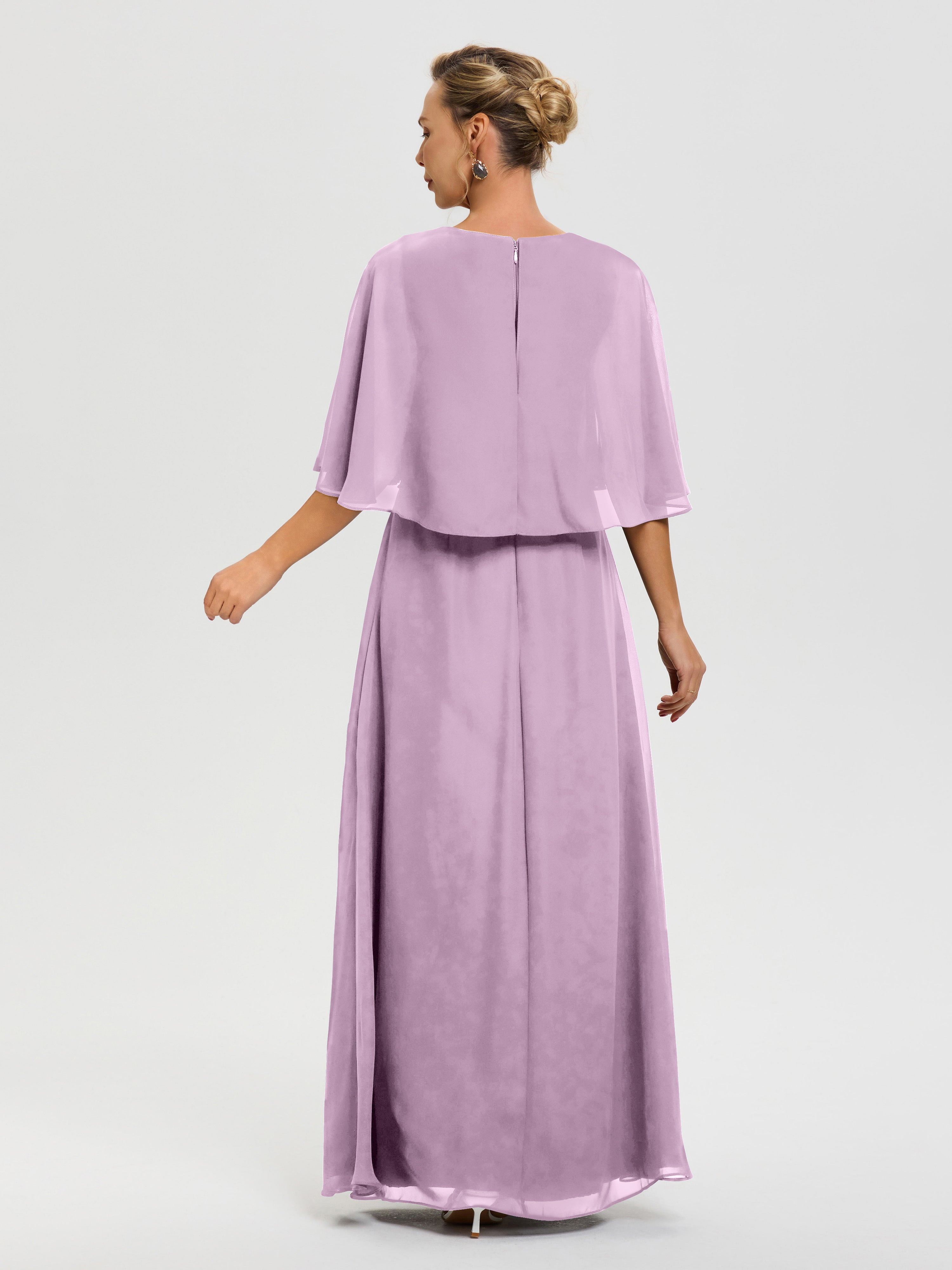 Robe Pour La Mère De La Mariée Glycine Col V Mousseline Demi Manches Robe De Mère Du Marié