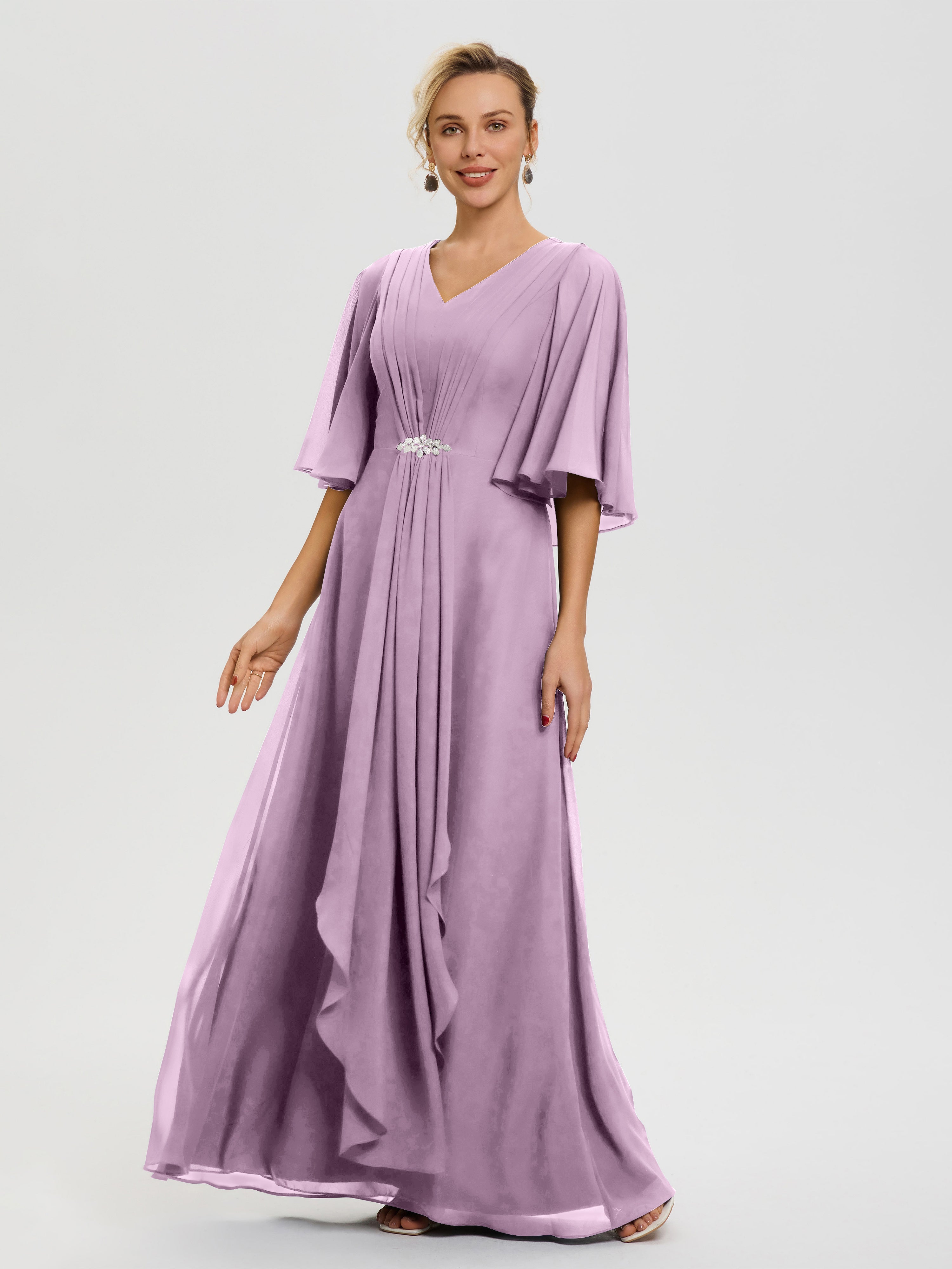 Robe Pour La Mère De La Mariée Glycine Col V Mousseline Demi Manches Robe De Mère Du Marié