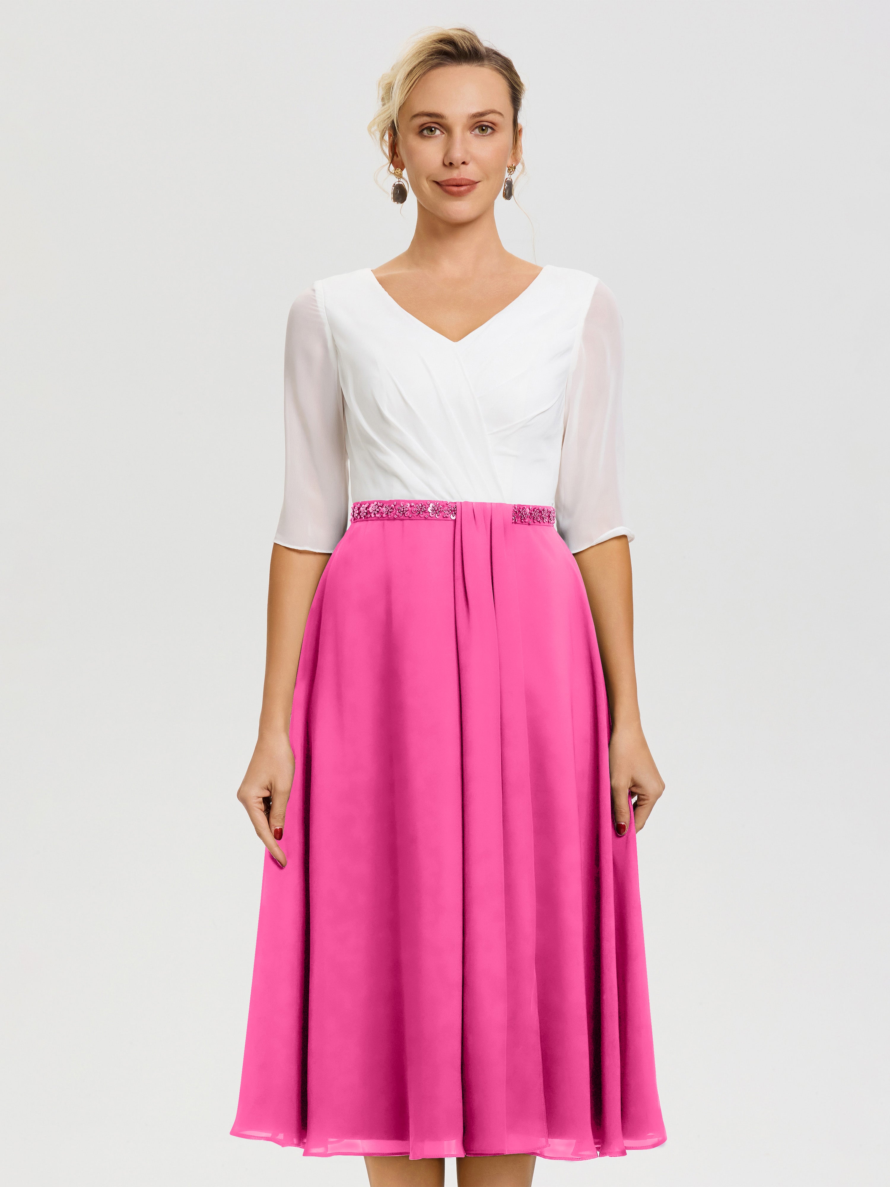 Robe Mère De La Mariée Chic Azalee Col-V-Mousseline-Dentelle-Demi-Manches-Robe-De-La-Mere-Du-Marie