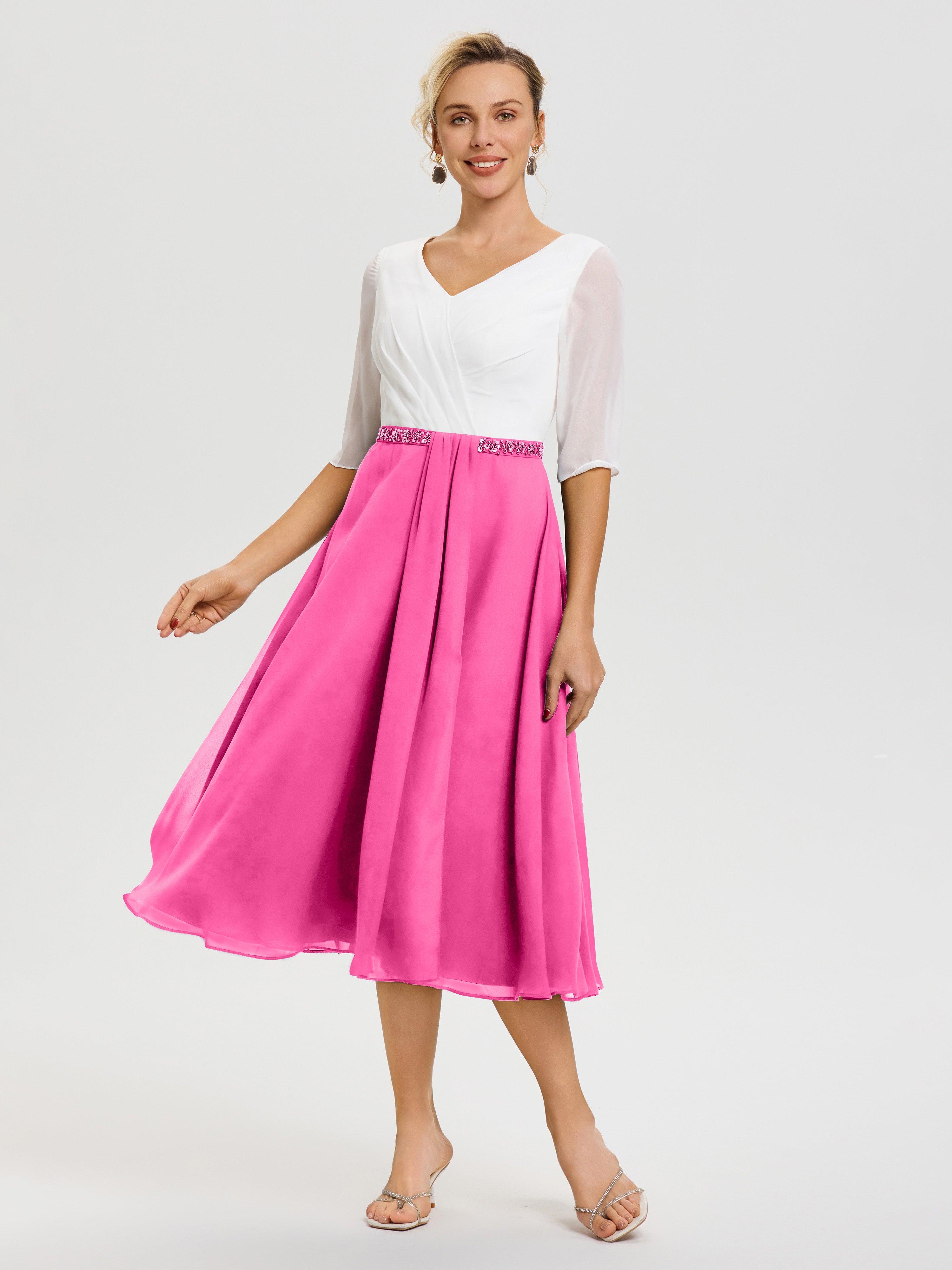 Robe Mère De La Mariée Chic Azalee Col-V-Mousseline-Dentelle-Demi-Manches-Robe-De-La-Mere-Du-Marie