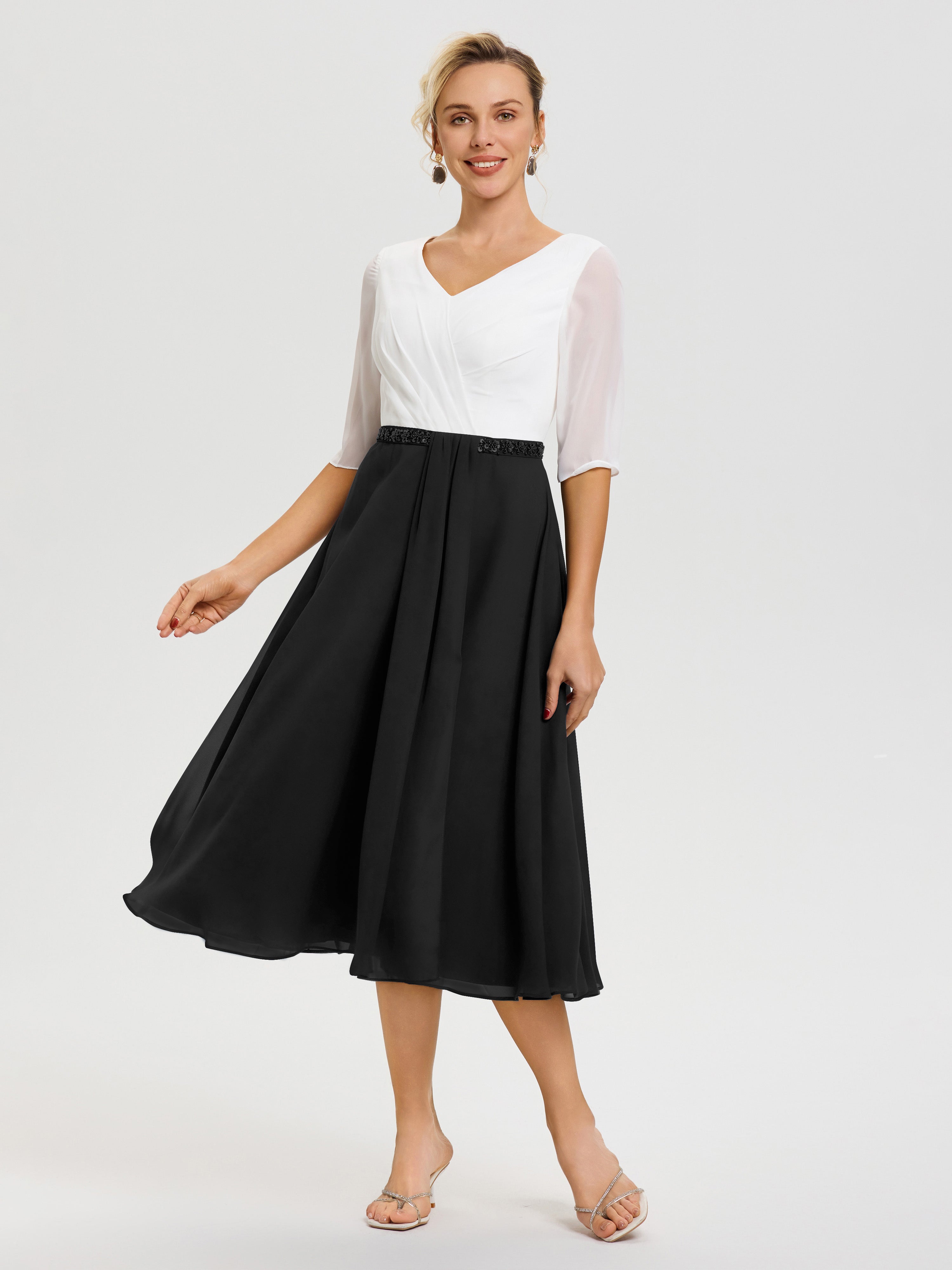 Robe Mariage Mère Du Marié Noir Col V Mousseline & Dentelle Demi Manches Robe De La Mère Du Marié