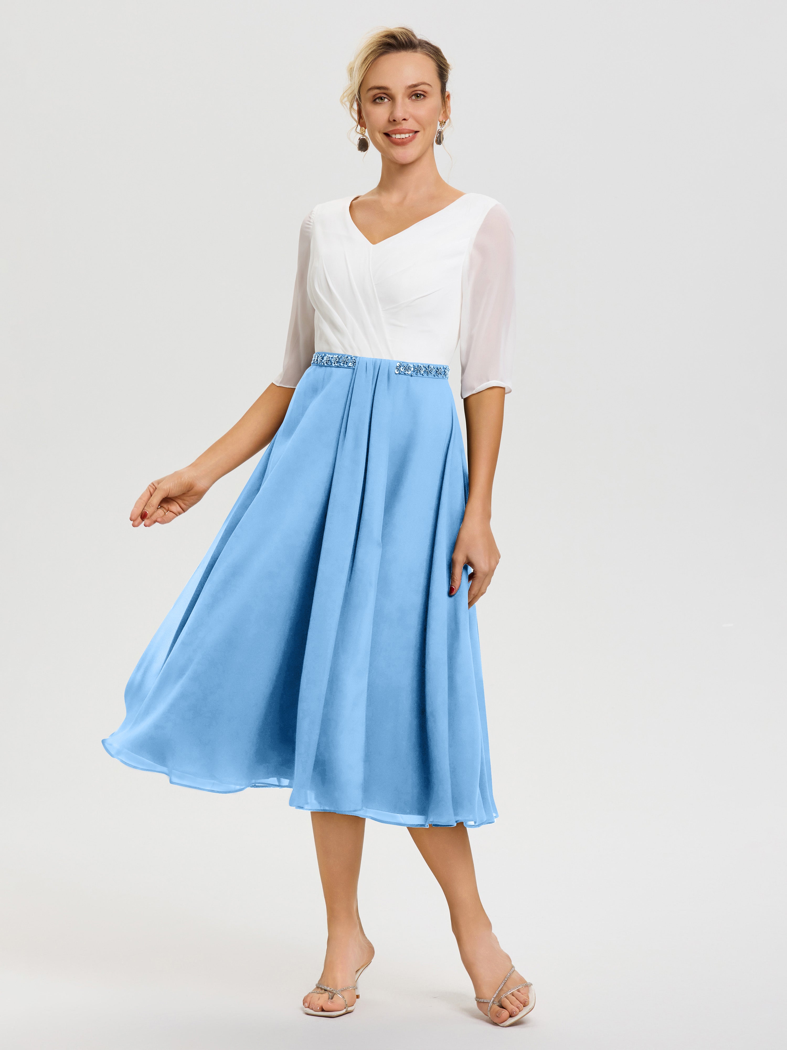 Robe Mere De La Mariee Bleu Col V Mousseline & Dentelle Demi Manches Robe De La Mère Du Marié