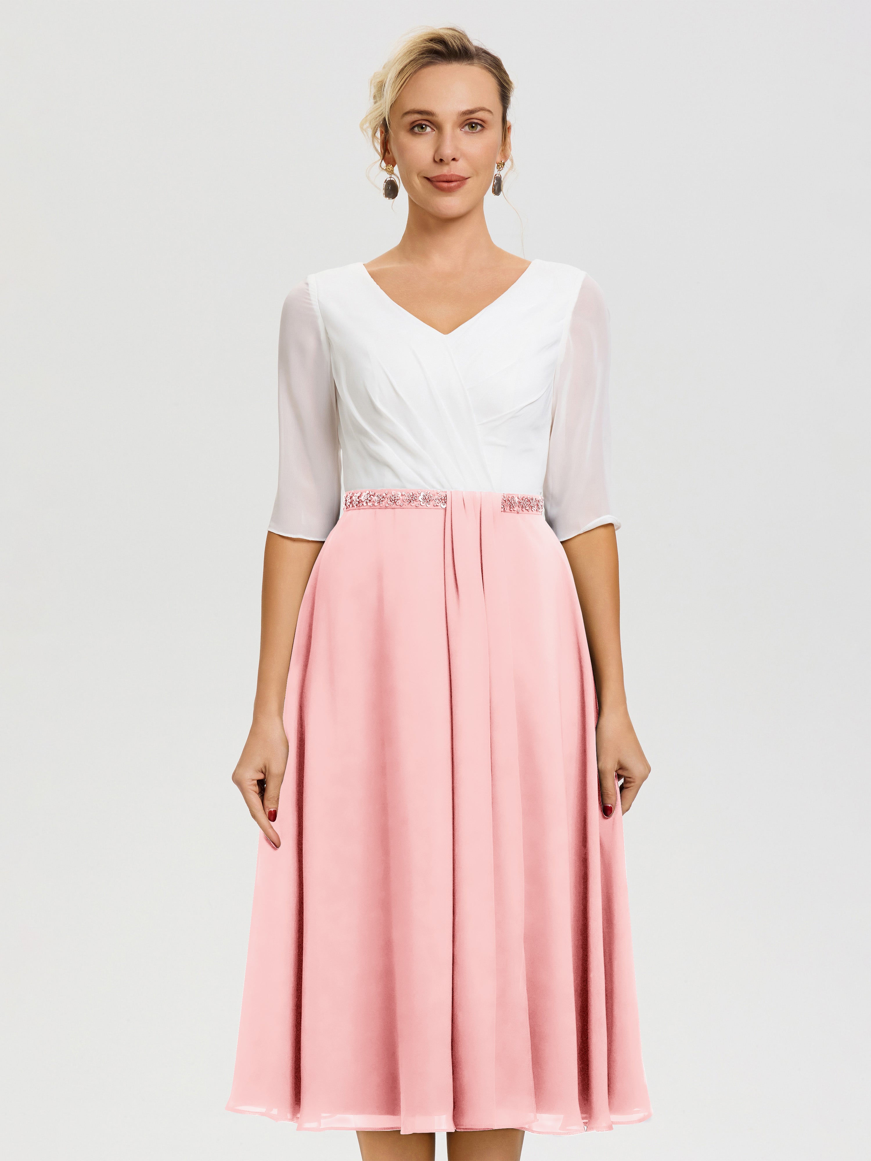 Robe Mere De La Mariee Rose Col V Mousseline & Dentelle Demi Manches Robe De La Mère Du Marié