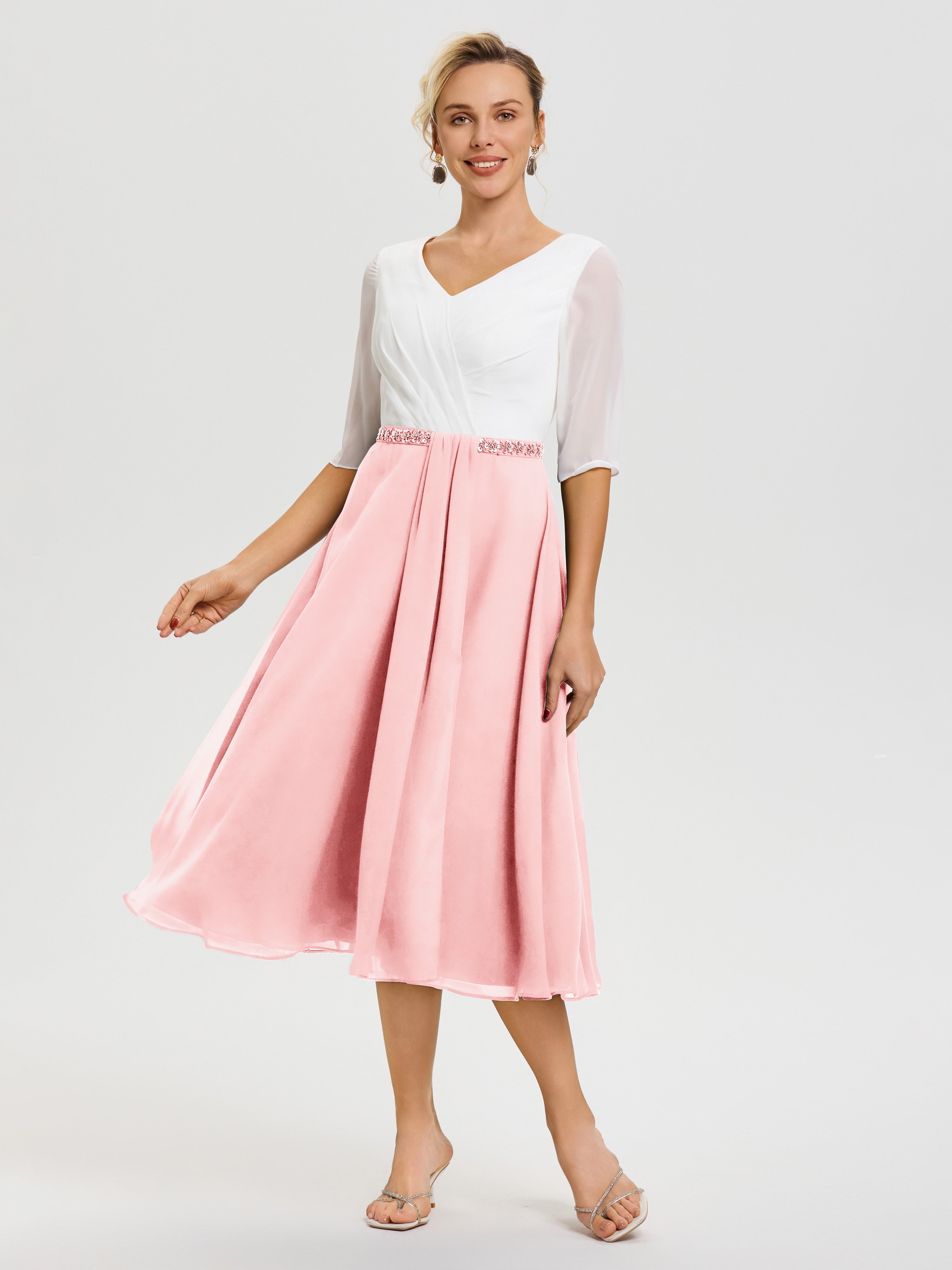 Robe Mere De La Mariee Rose Col V Mousseline & Dentelle Demi Manches Robe De La Mère Du Marié