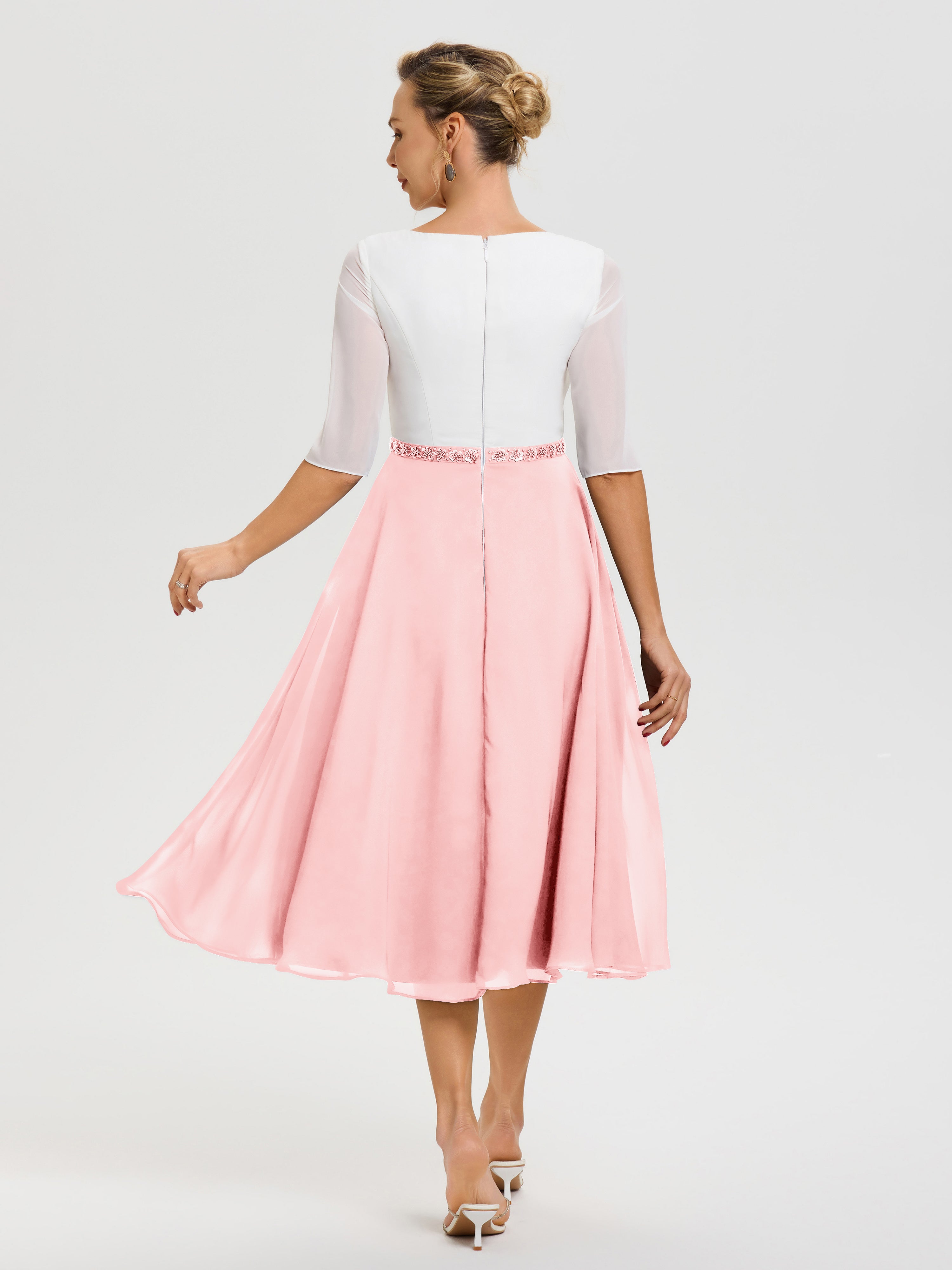 Robe Mere De La Mariee Rose Col V Mousseline & Dentelle Demi Manches Robe De La Mère Du Marié