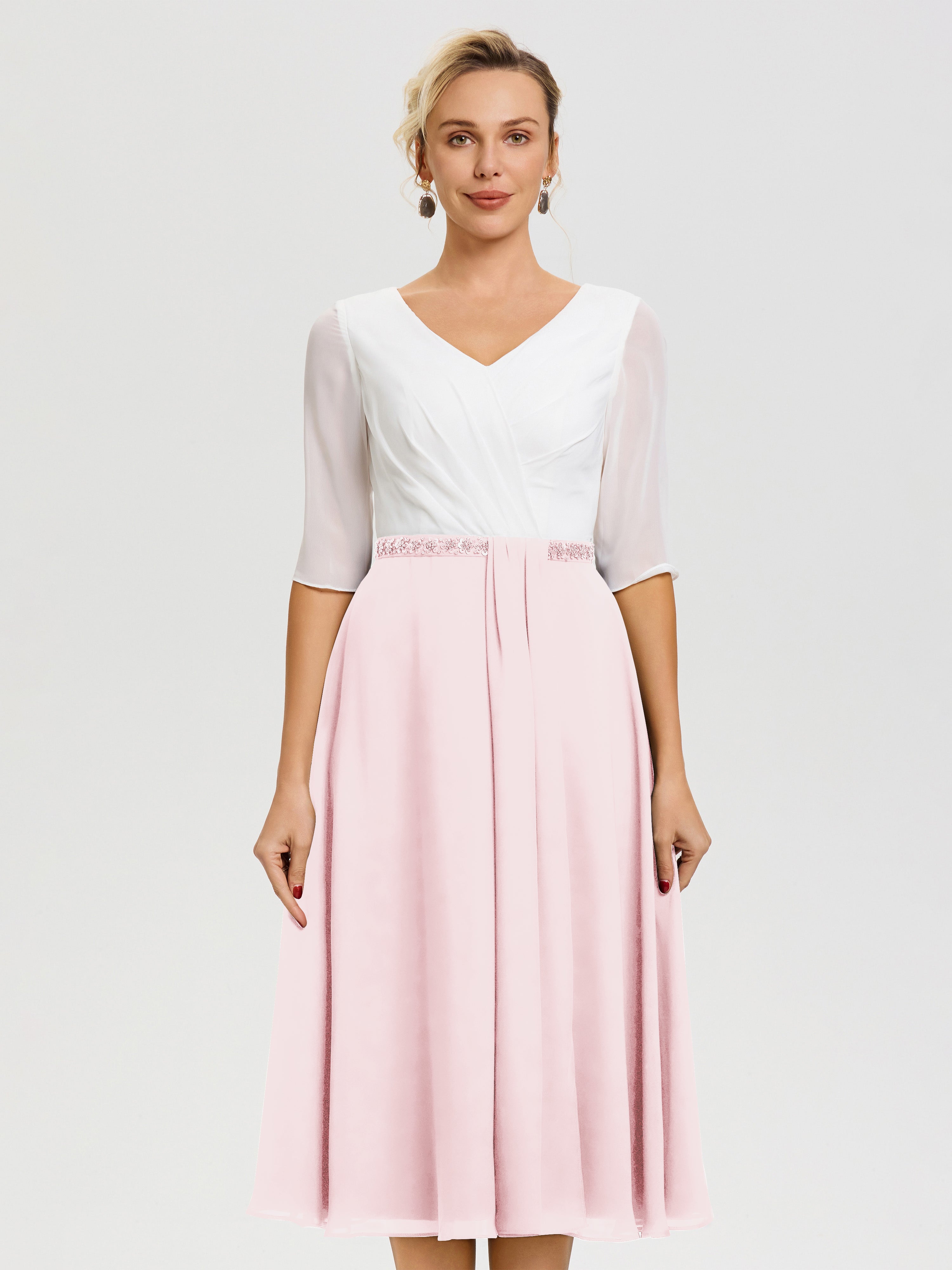 Robe Mariage Mère Du Marié Rose Pale Col V Mousseline & Dentelle Demi Manches Robe De La Mère Du Marié