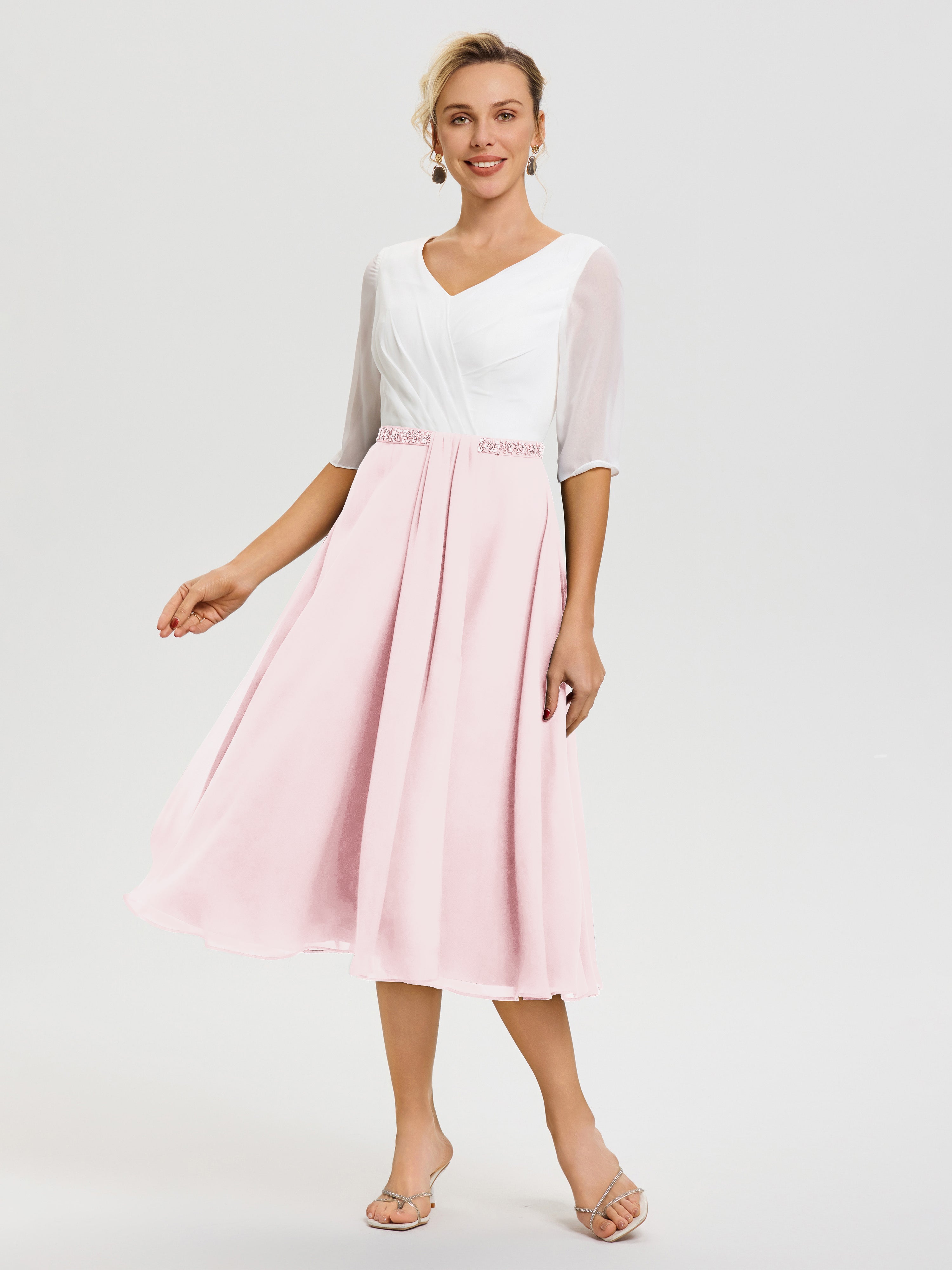 Robe Mariage Mère Du Marié Rose Pale Col V Mousseline & Dentelle Demi Manches Robe De La Mère Du Marié