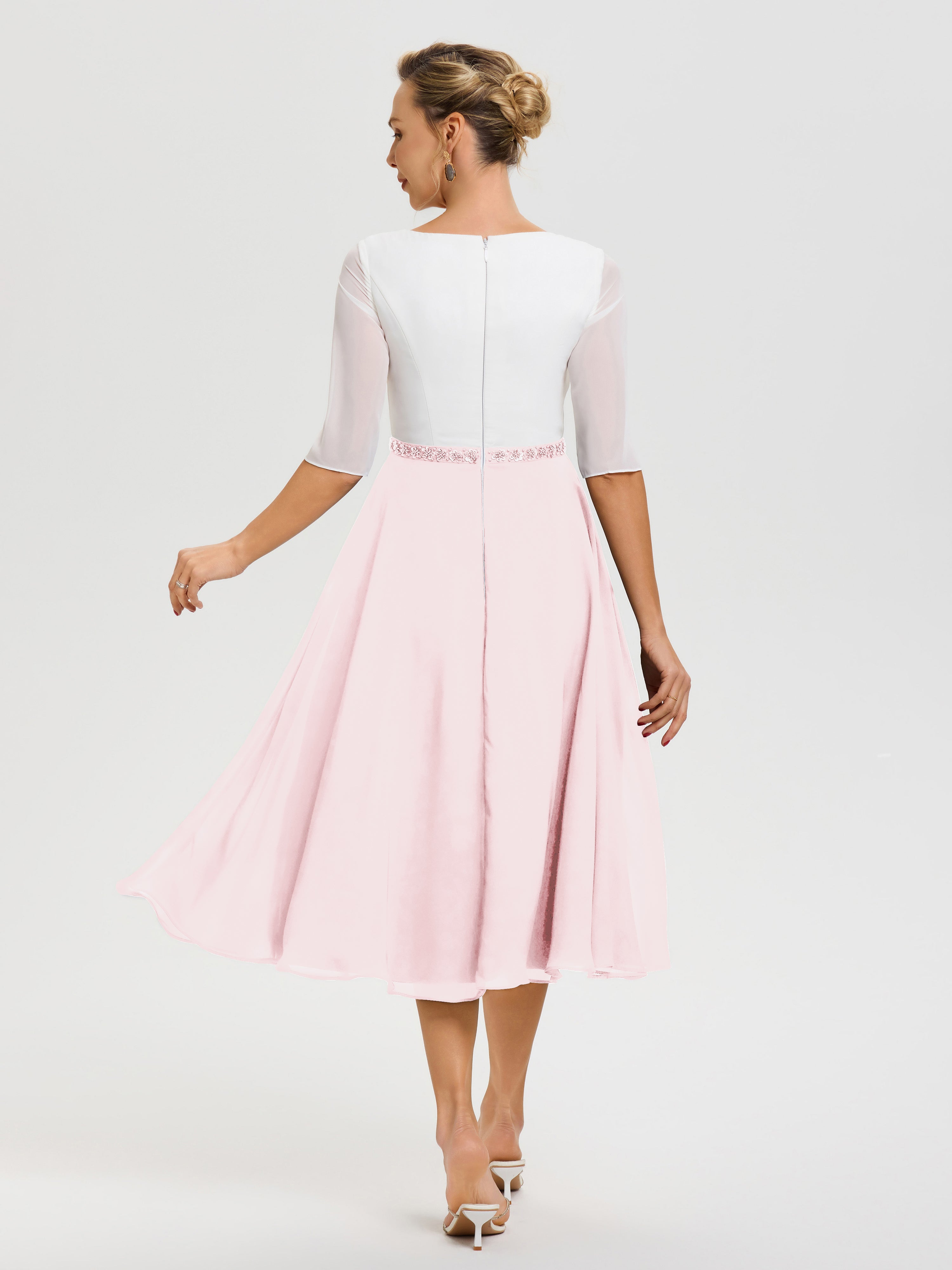 Robe Mariage Mère Du Marié Rose Pale Col V Mousseline & Dentelle Demi Manches Robe De La Mère Du Marié