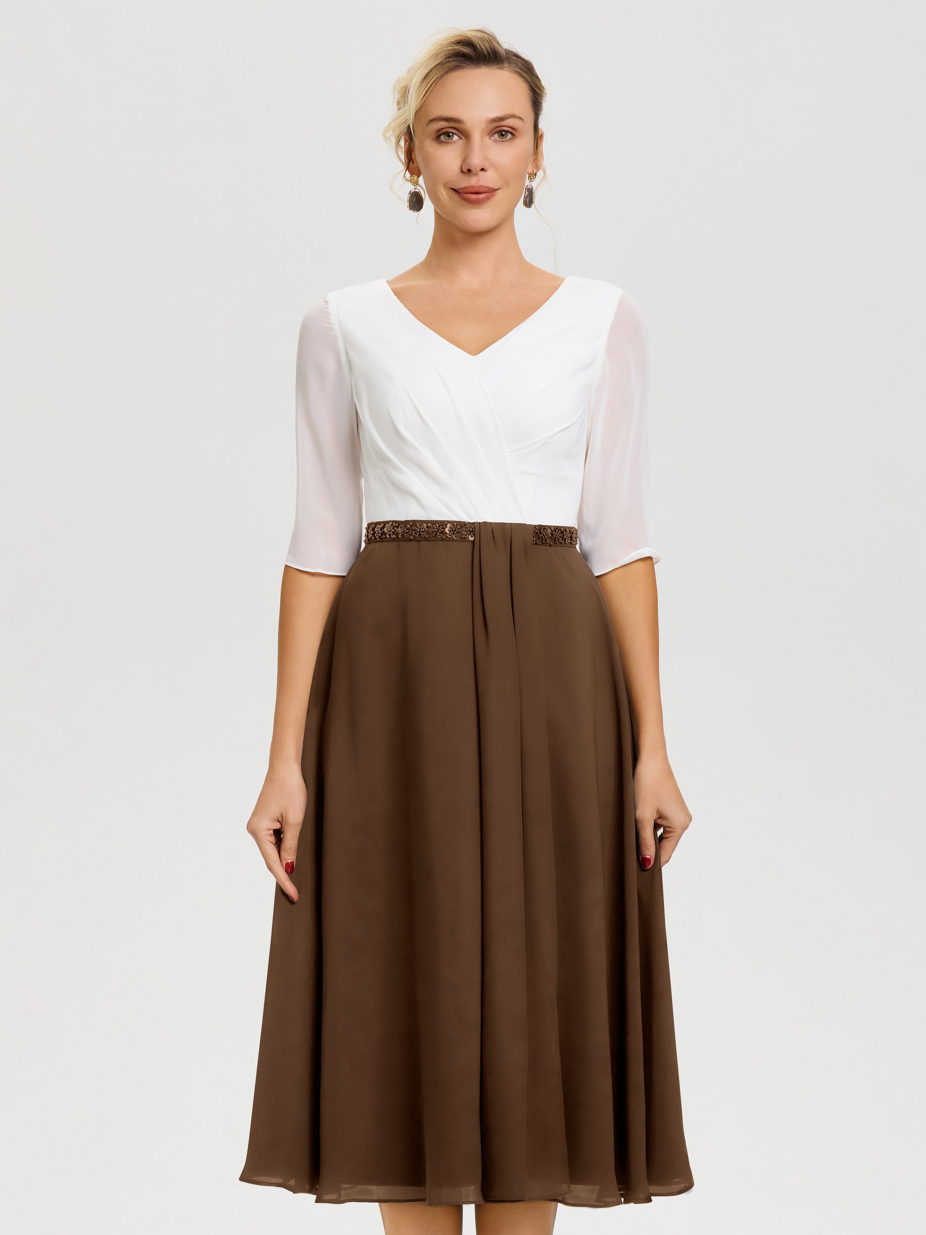 Robe Mère De La Mariée Chic Brun Col-V-Mousseline-Dentelle-Demi-Manches-Robe-De-La-Mere-Du-Marie