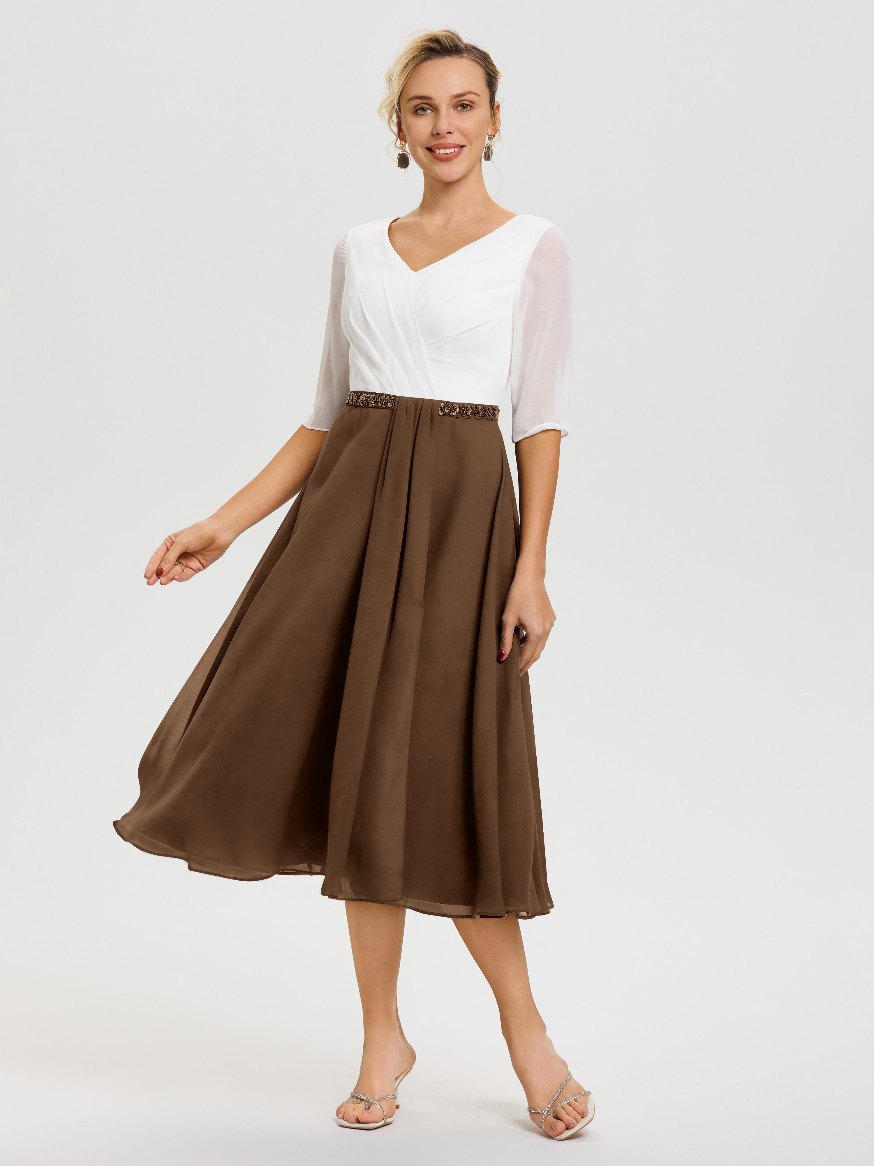 Robe Mère De La Mariée Chic Brun Col-V-Mousseline-Dentelle-Demi-Manches-Robe-De-La-Mere-Du-Marie