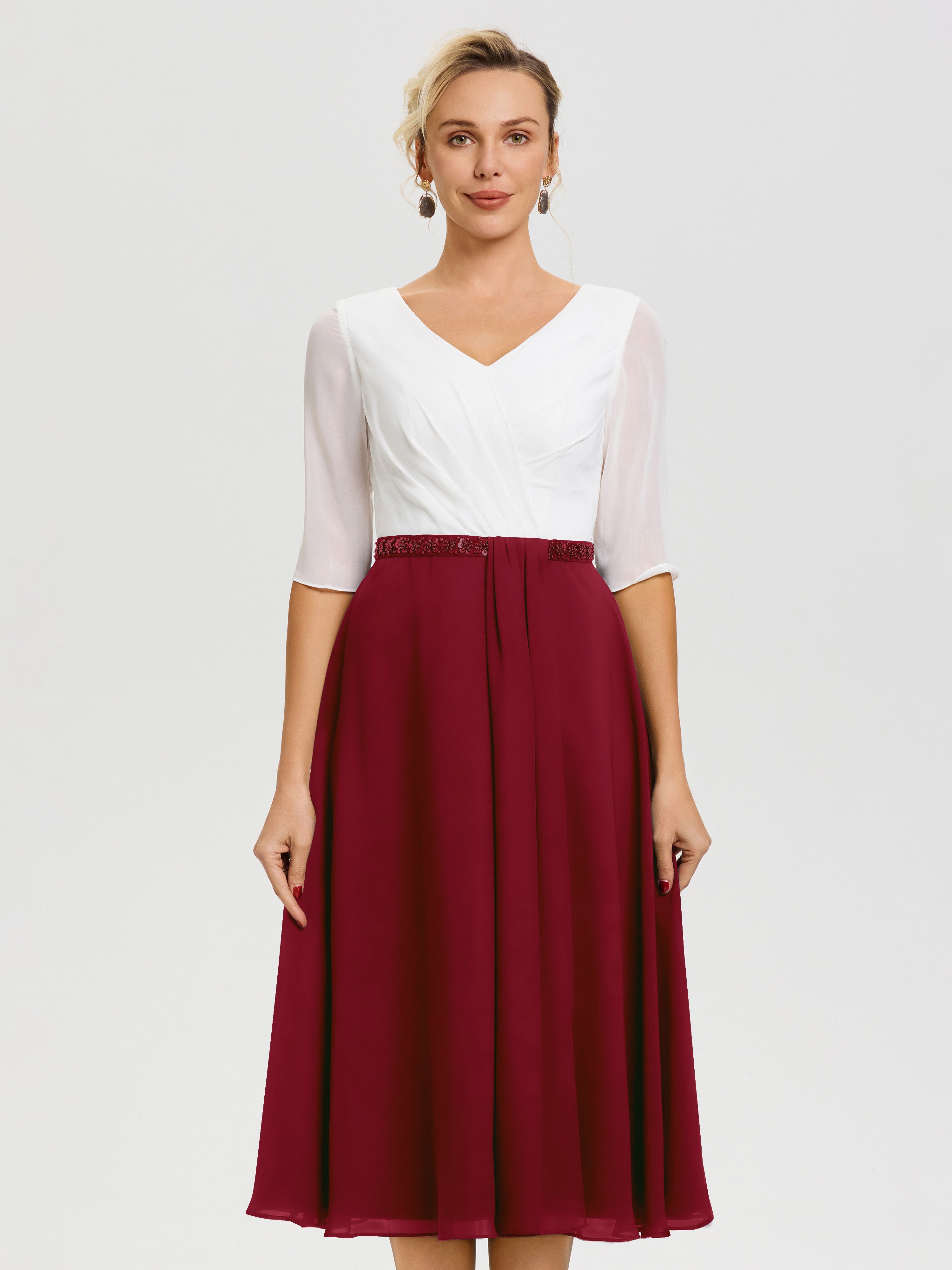 Robe Mere De La Mariee Bordeaux Col V Mousseline & Dentelle Demi Manches Robe De La Mère Du Marié
