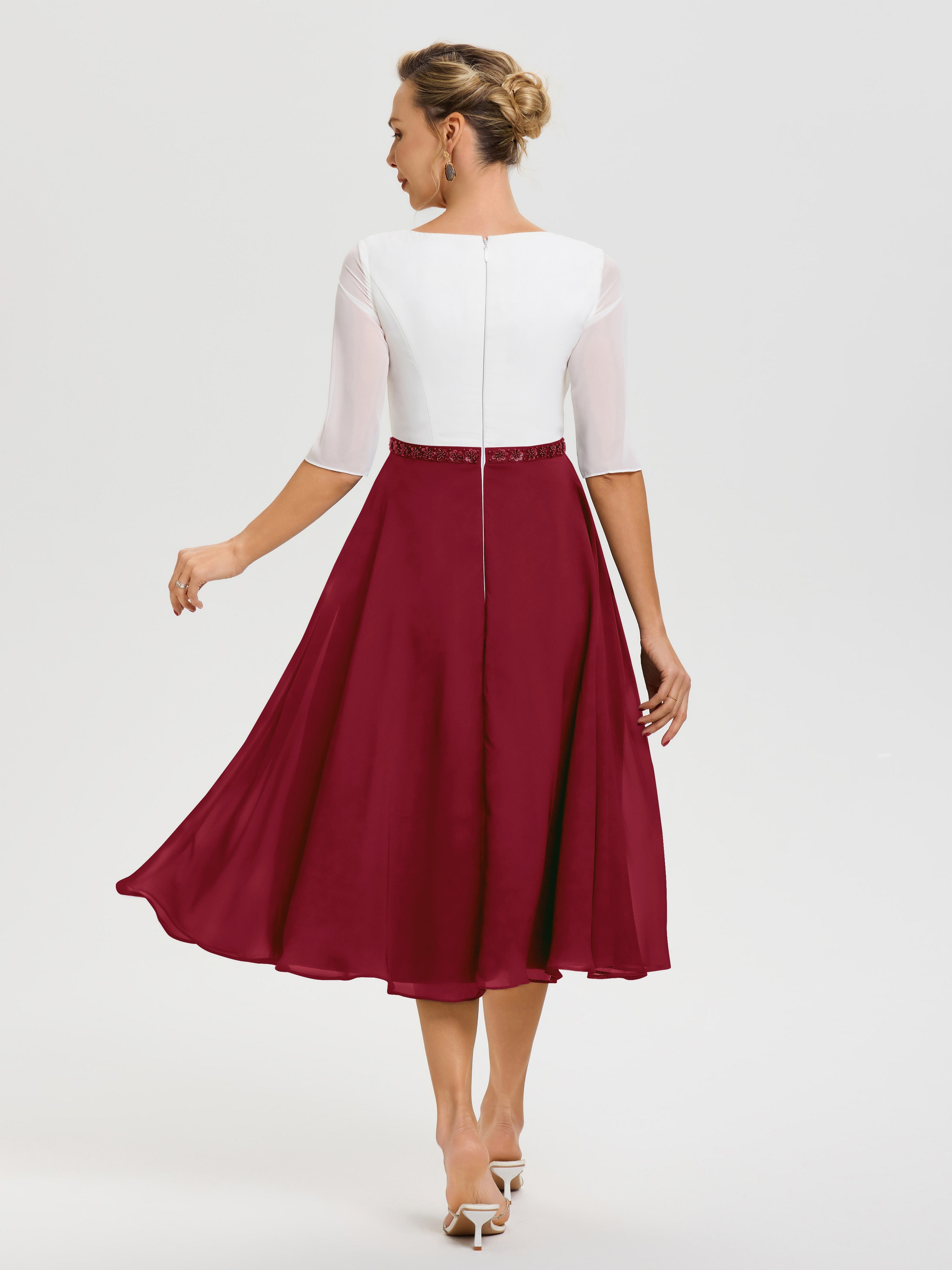 Robe Mere De La Mariee Bordeaux Col V Mousseline & Dentelle Demi Manches Robe De La Mère Du Marié