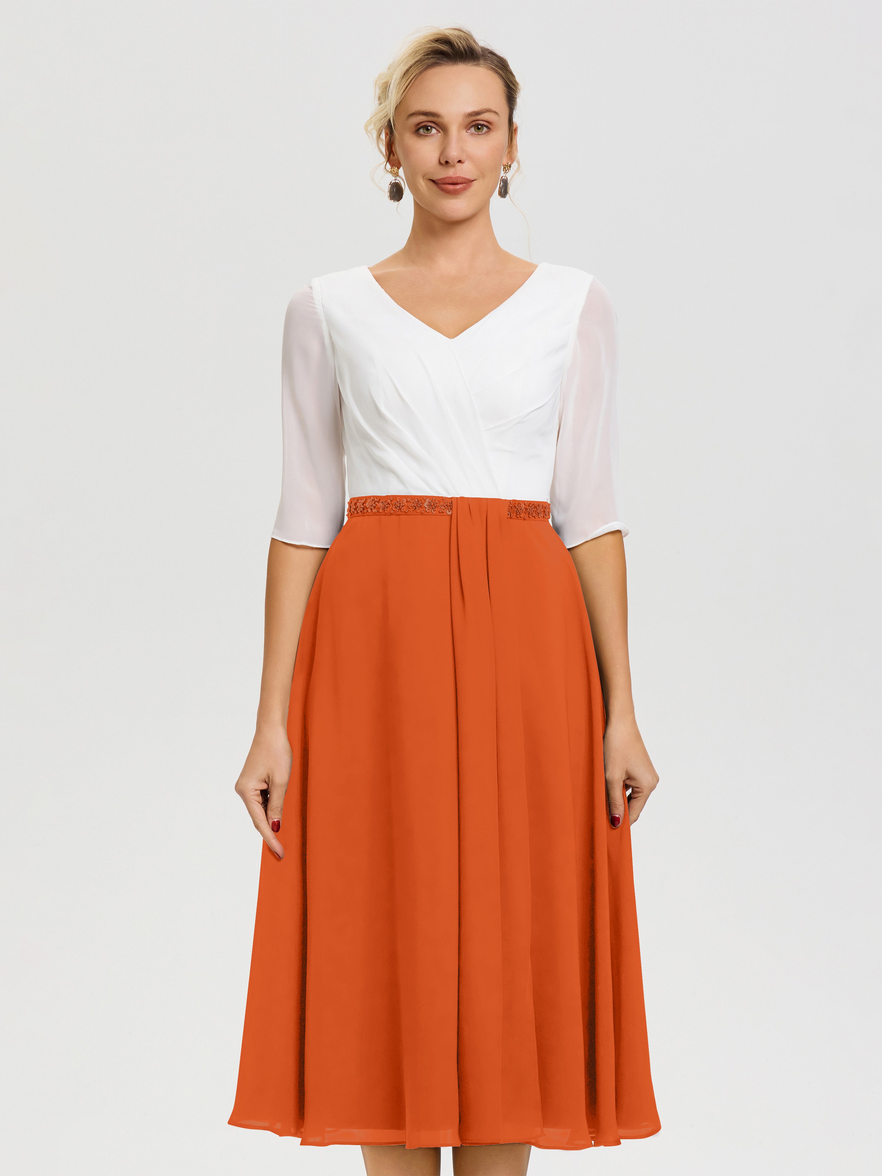 Robe Mère De La Mariée Chic Orange Brule Col V Mousseline & Dentelle Demi Manches Robe De La Mère Du Marié