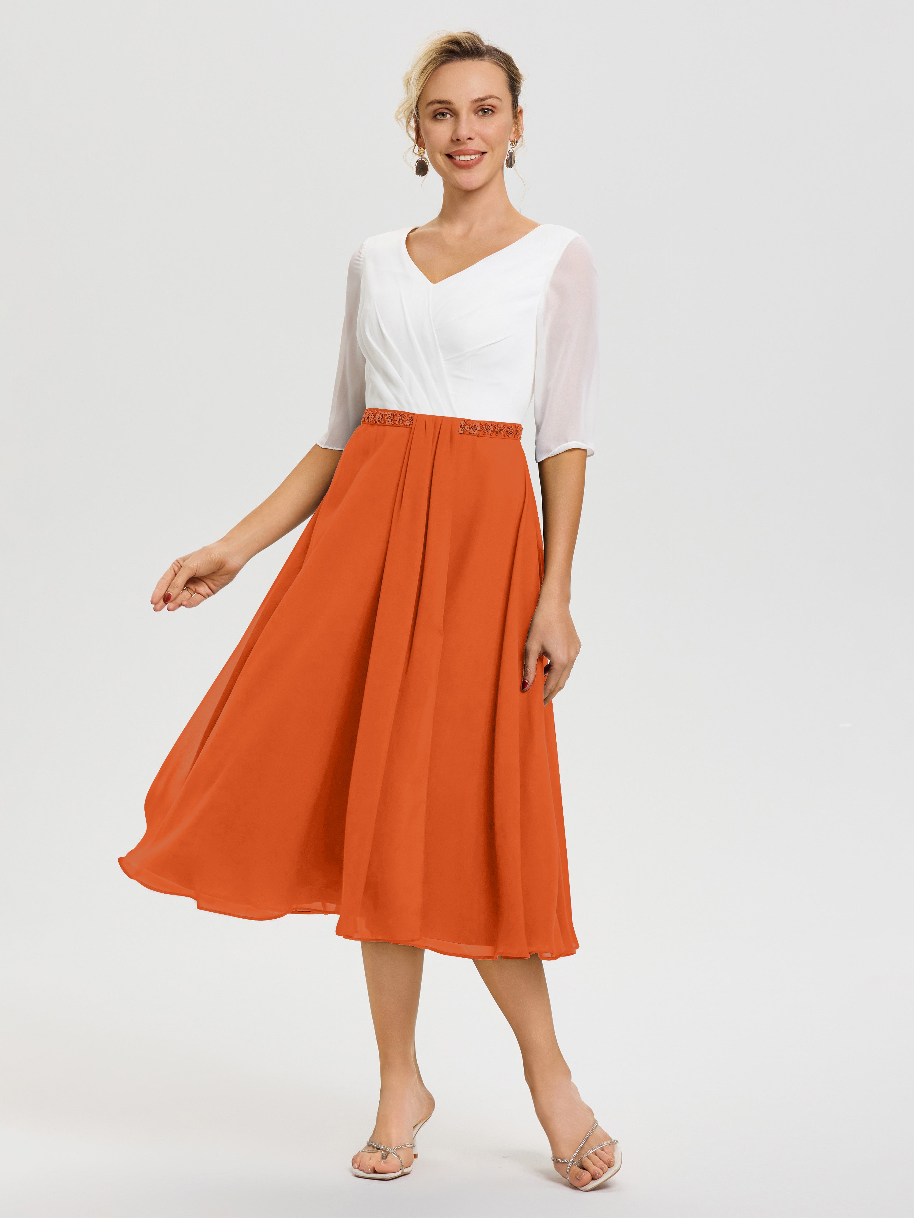 Robe Mère De La Mariée Chic Orange Brule Col V Mousseline & Dentelle Demi Manches Robe De La Mère Du Marié