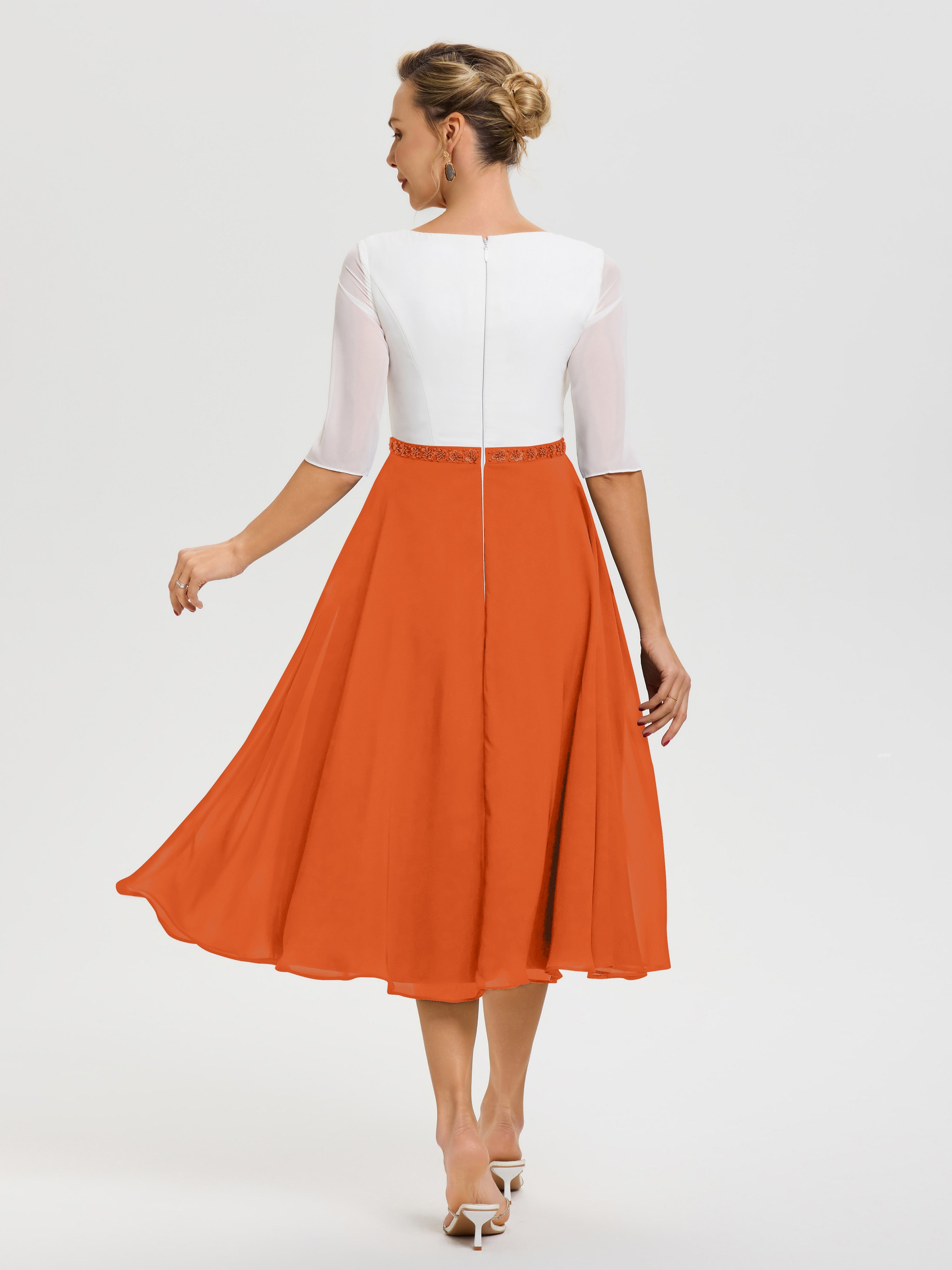Robe Mère De La Mariée Chic Orange Brule Col V Mousseline & Dentelle Demi Manches Robe De La Mère Du Marié