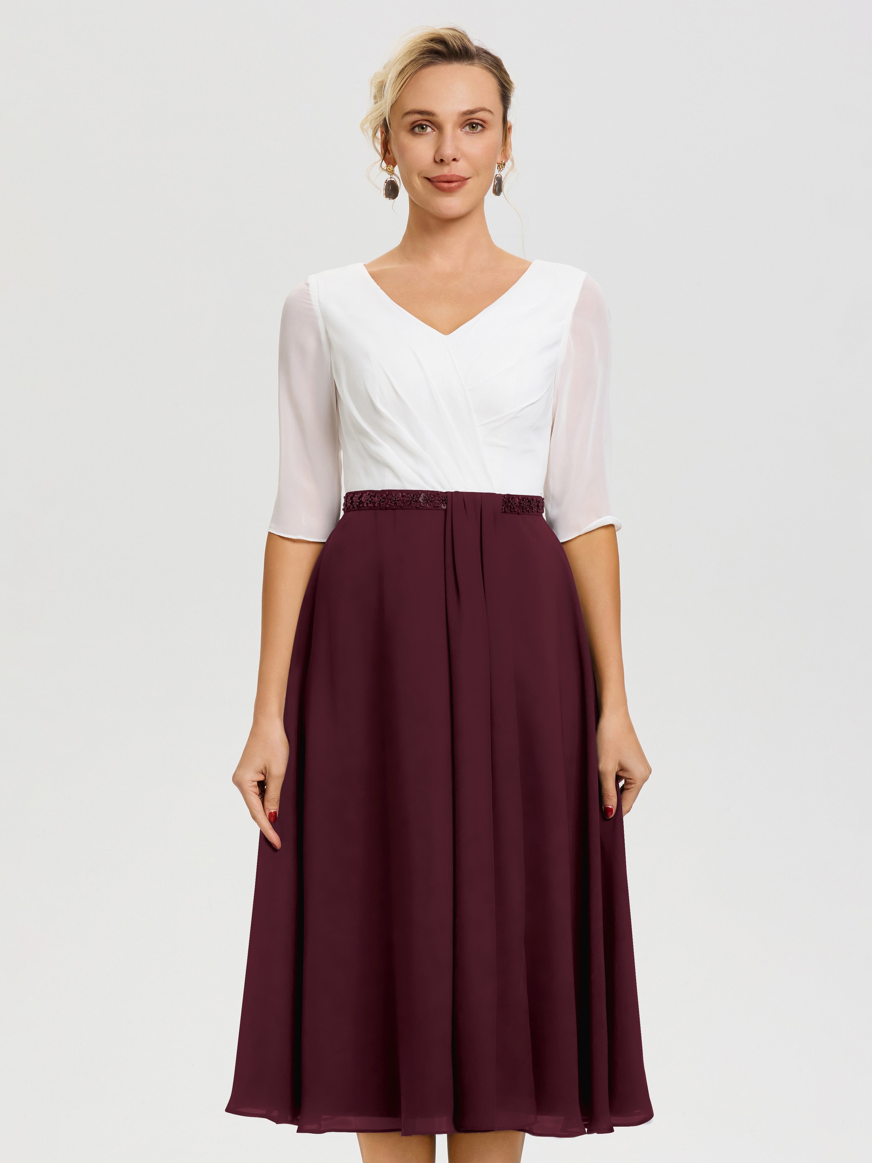 Robe Mère De La Mariée Chic Cabernet Col-V-Mousseline-Dentelle-Demi-Manches-Robe-De-La-Mere-Du-Marie