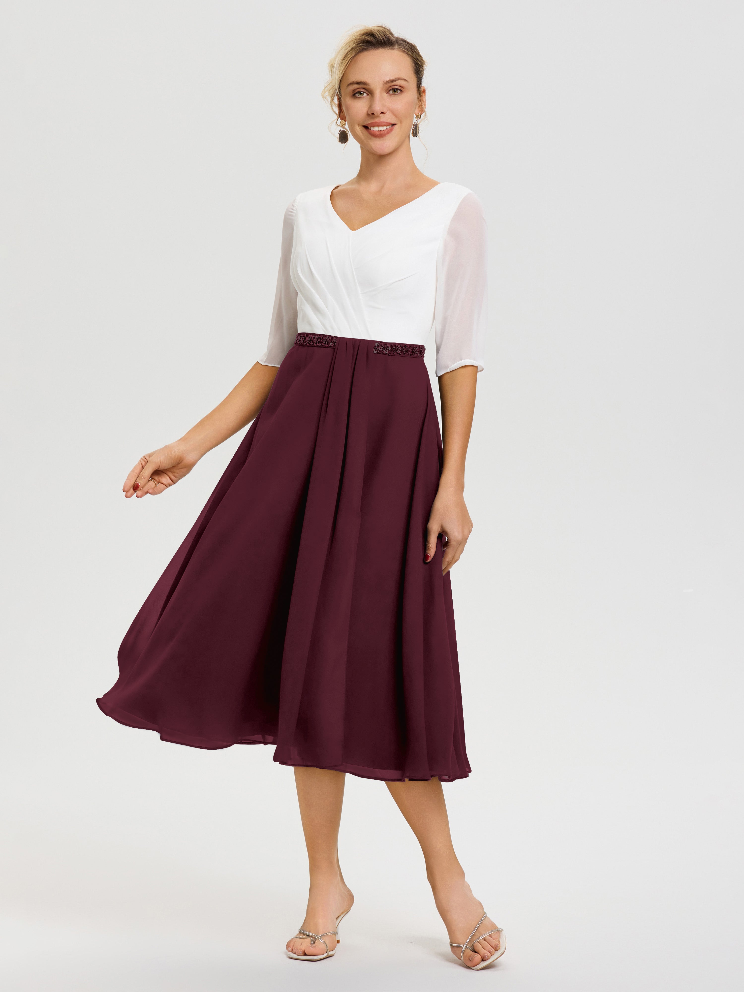 Robe Mère De La Mariée Chic Cabernet Col-V-Mousseline-Dentelle-Demi-Manches-Robe-De-La-Mere-Du-Marie