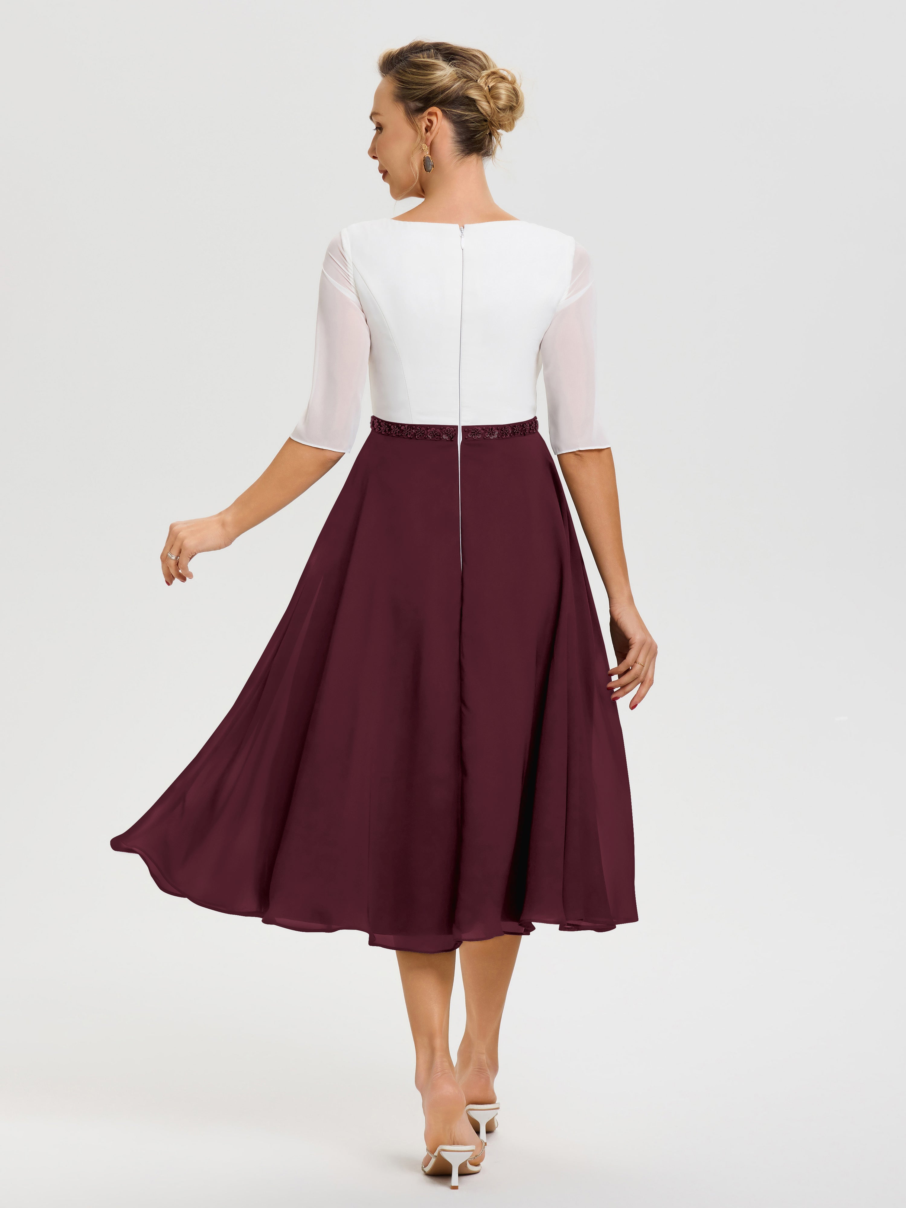 Robe Mère De La Mariée Chic Cabernet Col-V-Mousseline-Dentelle-Demi-Manches-Robe-De-La-Mere-Du-Marie
