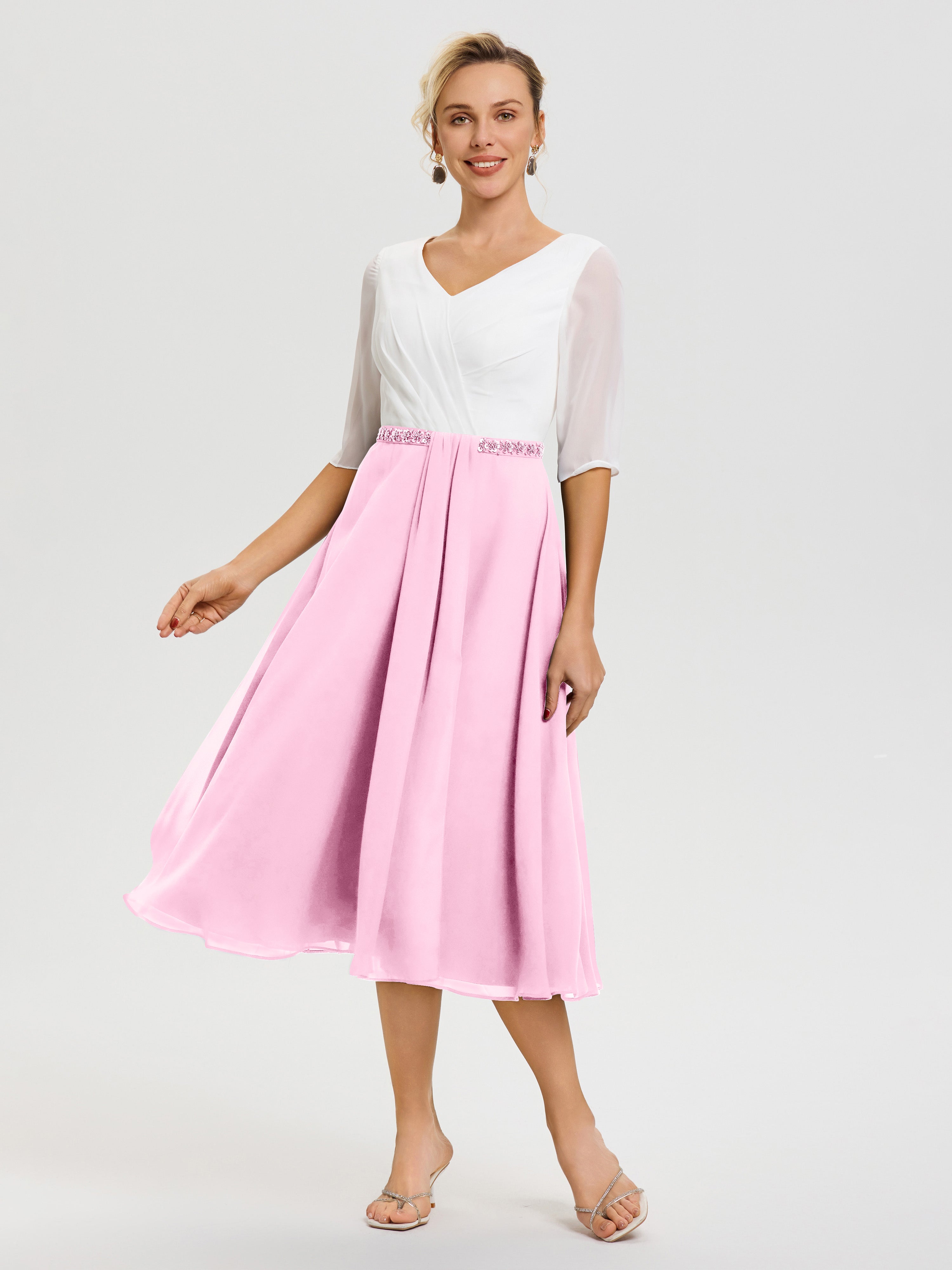 Robe Mariage Mère Du Marié Rose Bonbon Col V Mousseline & Dentelle Demi Manches Robe De La Mère Du Marié