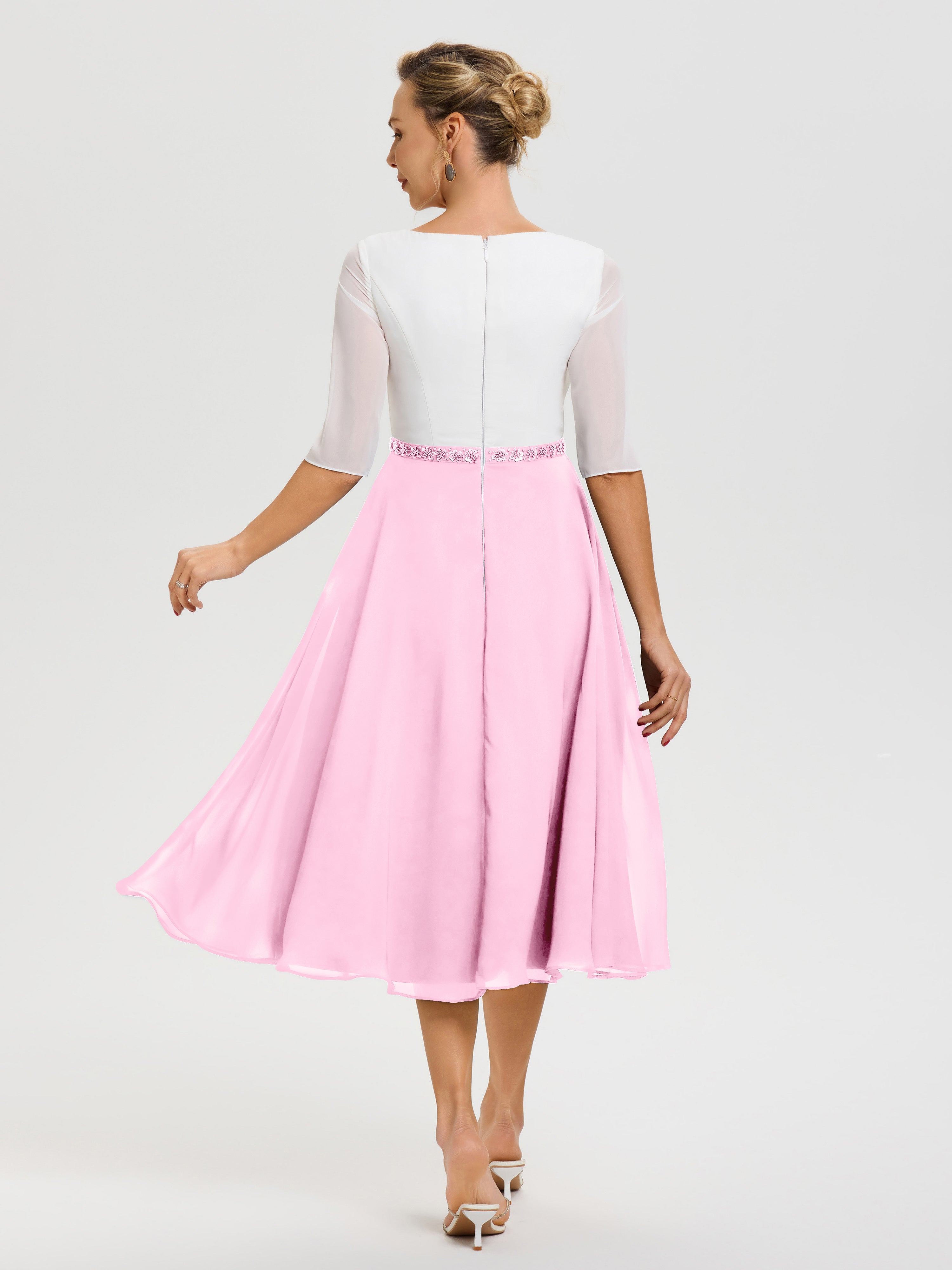 Robe Mariage Mère Du Marié Rose Bonbon Col V Mousseline & Dentelle Demi Manches Robe De La Mère Du Marié