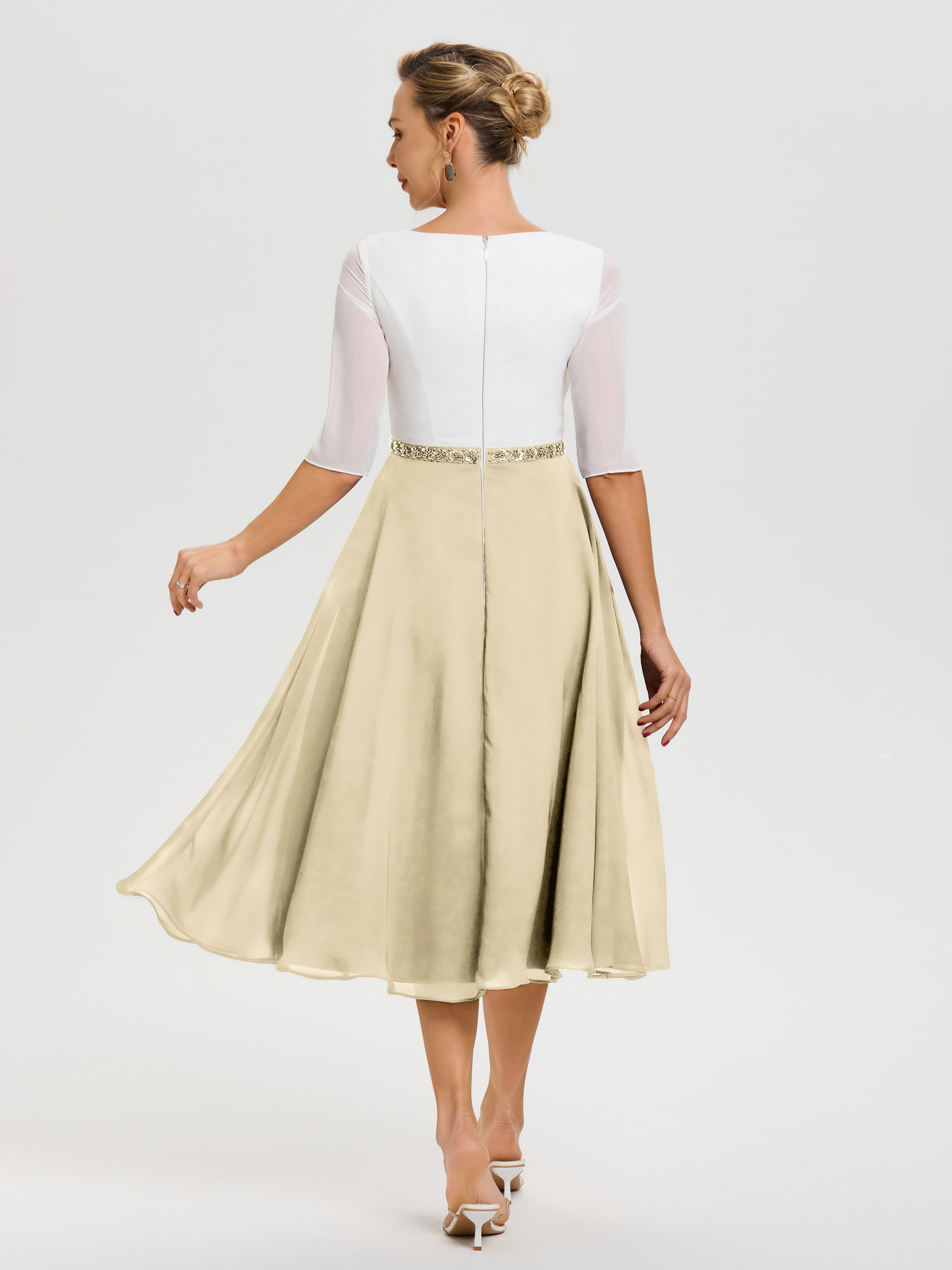 Robe Mere De La Mariee Champagne Col V Mousseline & Dentelle Demi Manches Robe De La Mère Du Marié