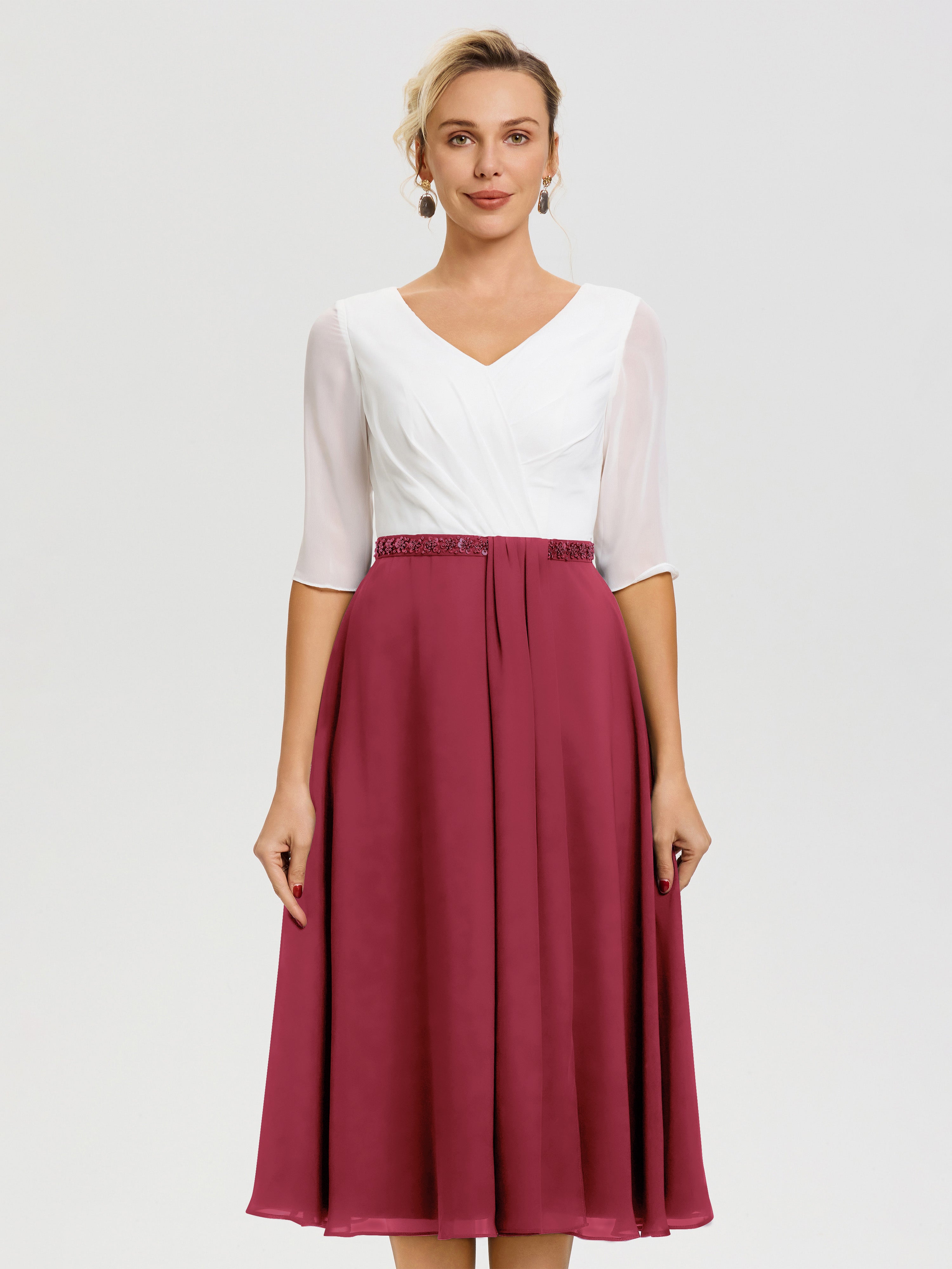 Robe Chic Mère De La Mariée Rose Cannelle Col V Mousseline & Dentelle Demi Manches Robe De La Mère Du Marié