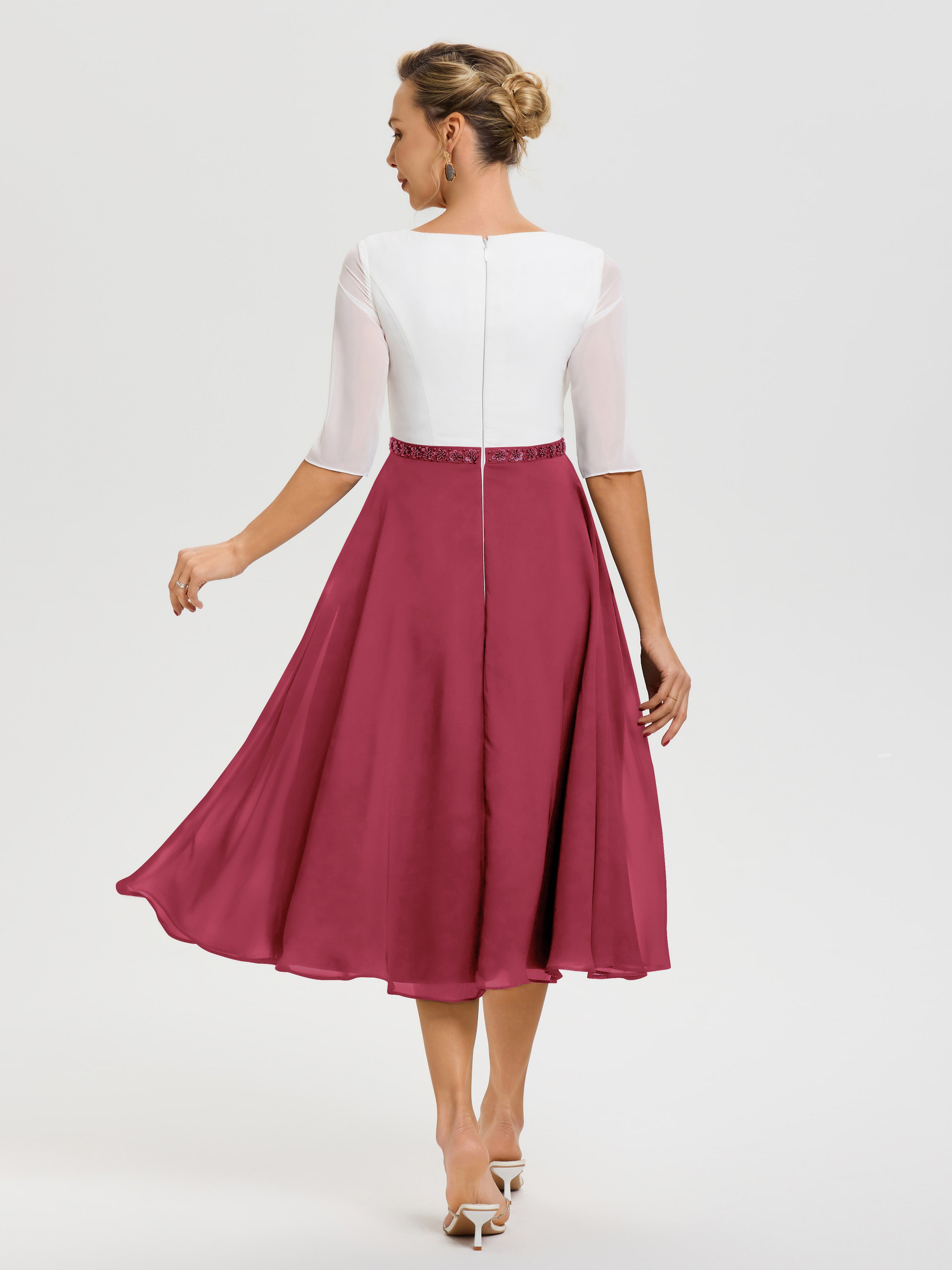 Robe Chic Mère De La Mariée Rose Cannelle Col V Mousseline & Dentelle Demi Manches Robe De La Mère Du Marié