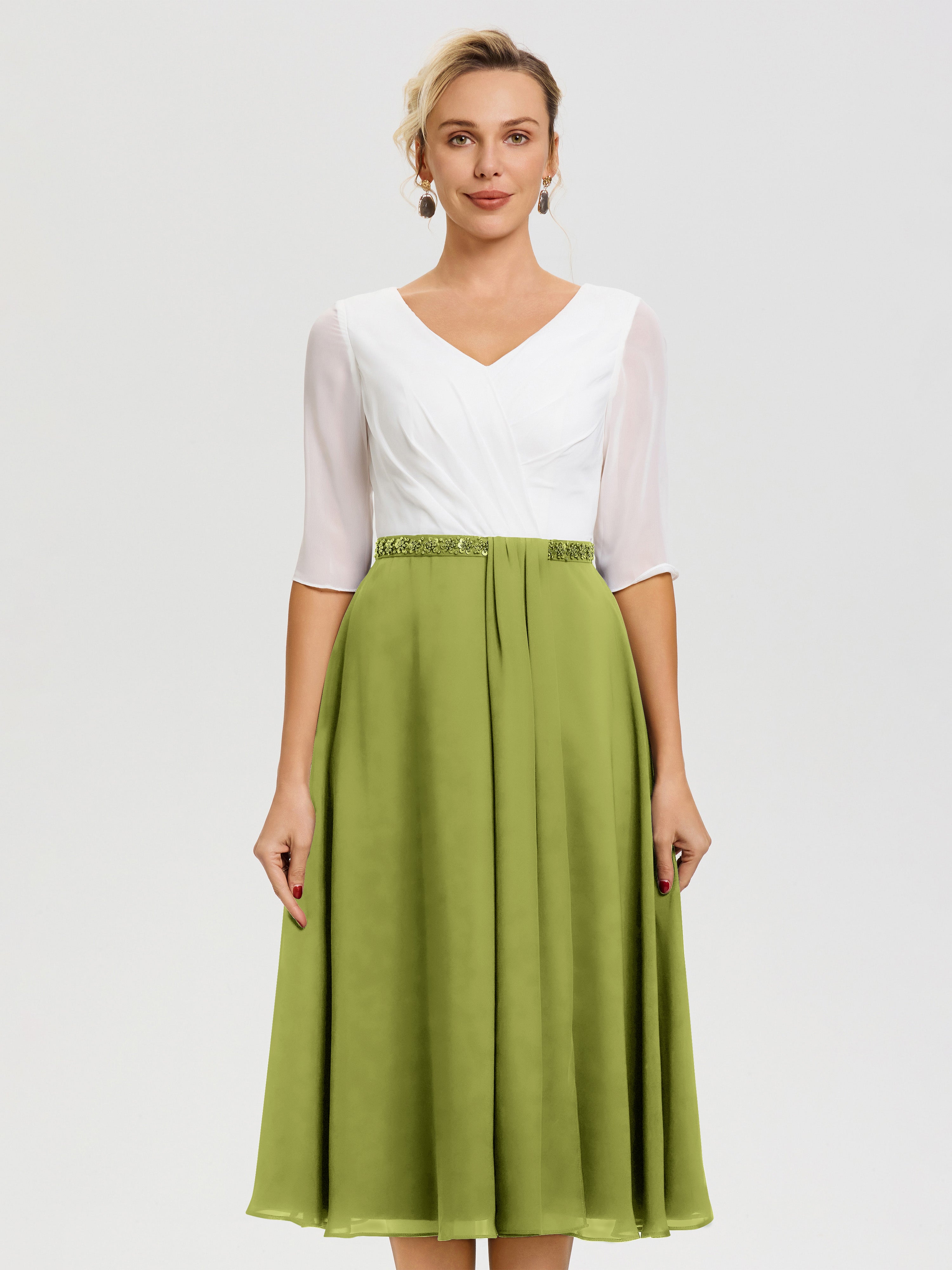 Robe Mère De La Marié Trèfle Col V Mousseline & Dentelle Demi Manches Robe De La Mère Du Marié