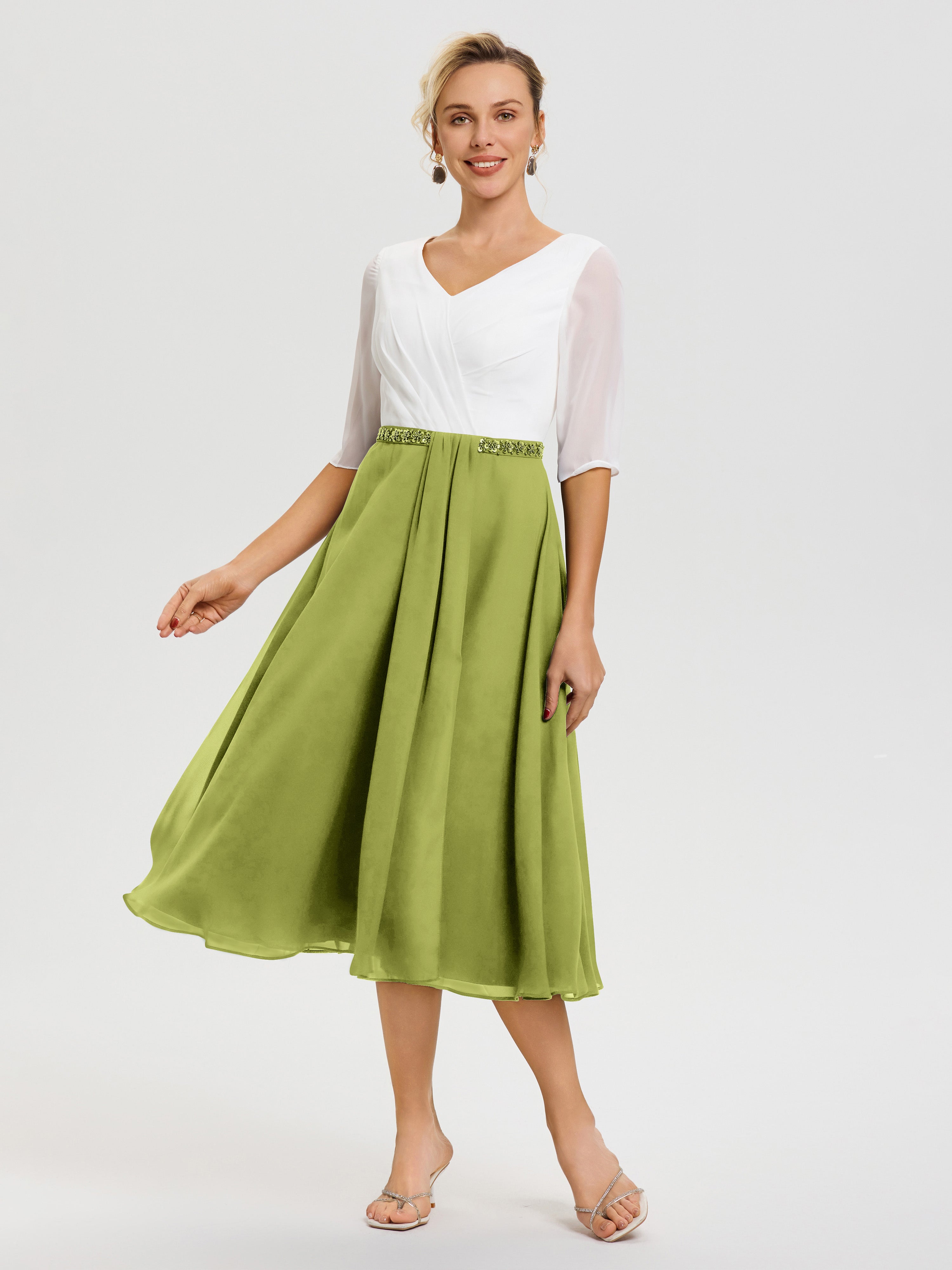 Robe Mère De La Marié Trèfle Col V Mousseline & Dentelle Demi Manches Robe De La Mère Du Marié