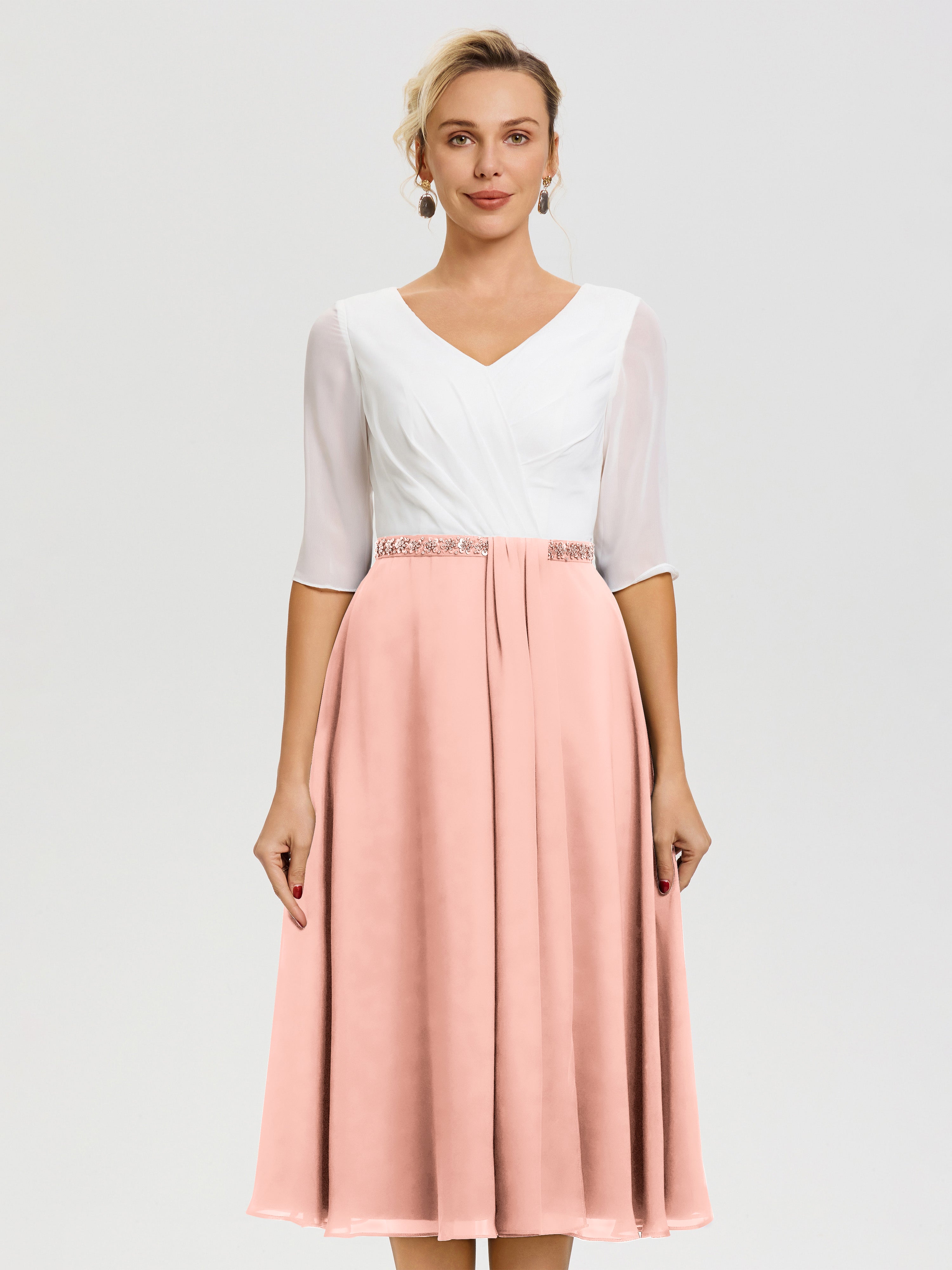 Robe Mère De La Mariée Chic Corail Col-V-Mousseline-Dentelle-Demi-Manches-Robe-De-La-Mere-Du-Marie