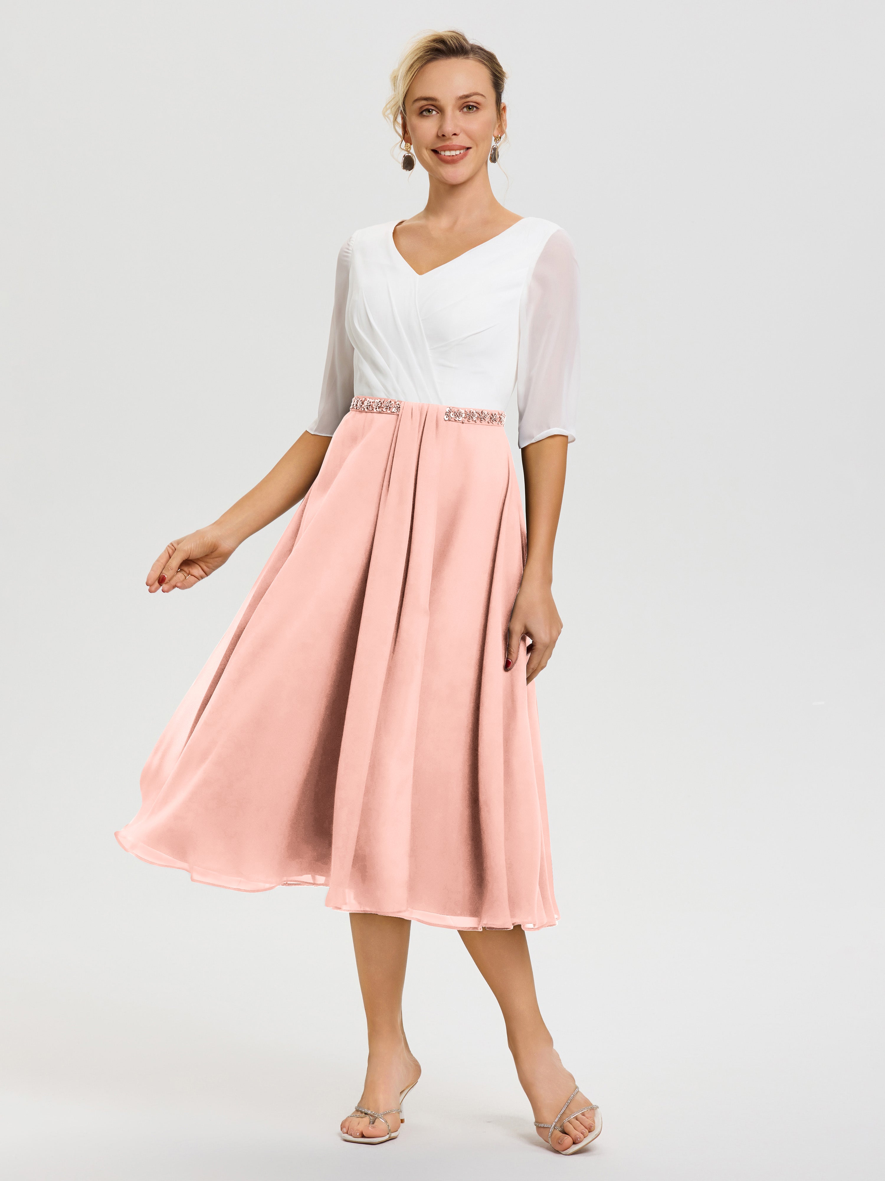 Robe Mère De La Mariée Chic Corail Col-V-Mousseline-Dentelle-Demi-Manches-Robe-De-La-Mere-Du-Marie