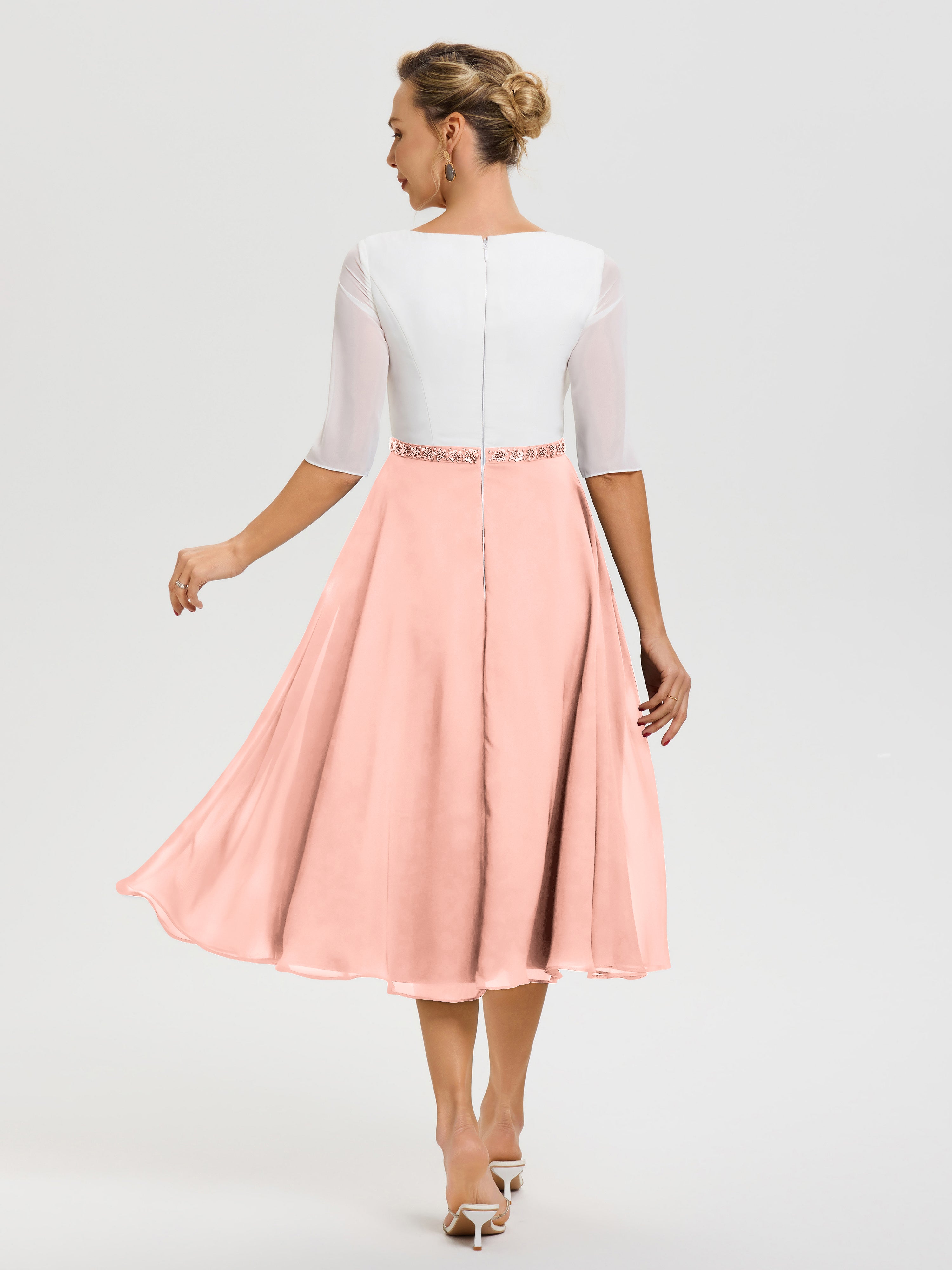 Robe Mère De La Mariée Chic Corail Col-V-Mousseline-Dentelle-Demi-Manches-Robe-De-La-Mere-Du-Marie