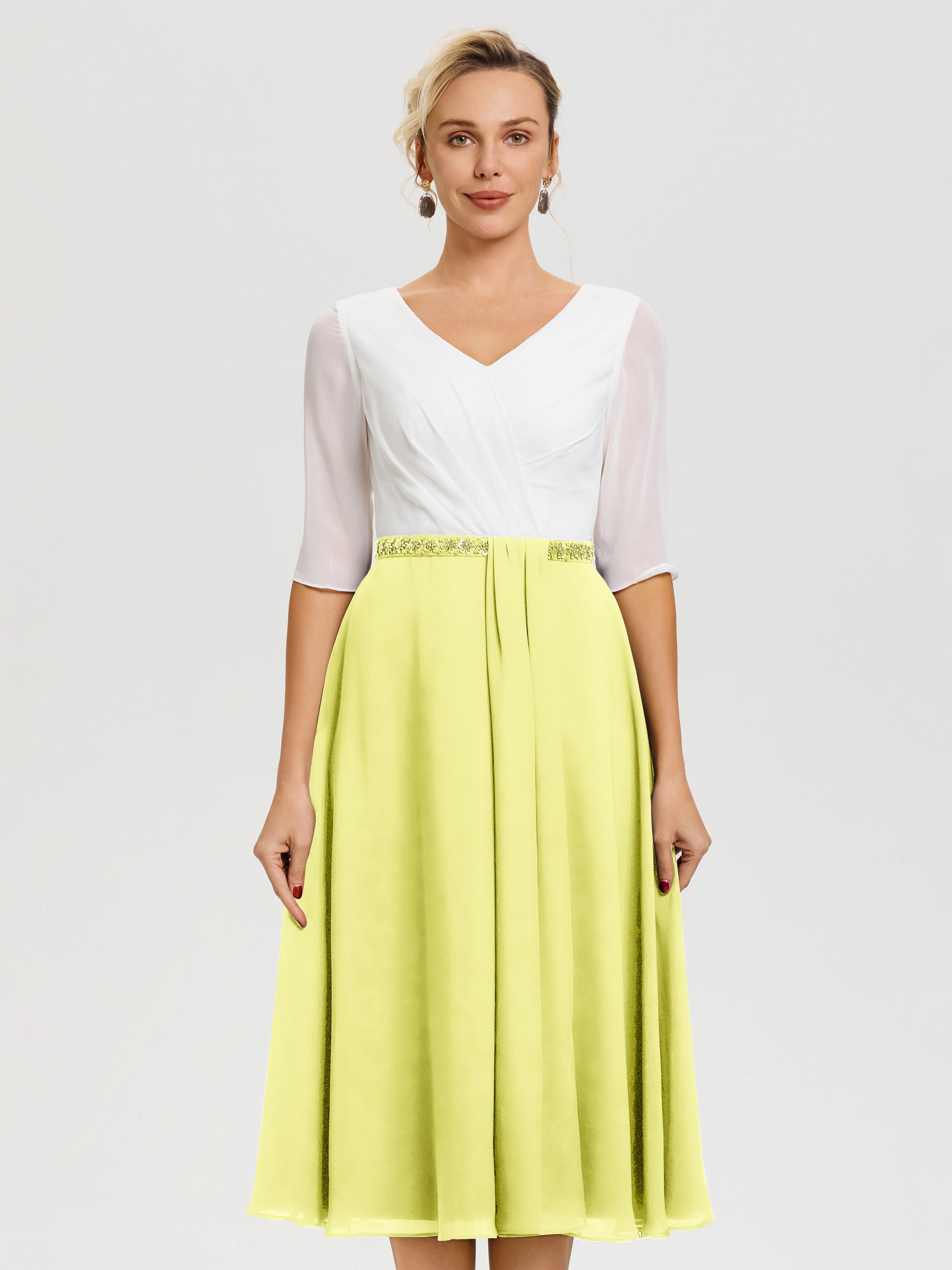 Robe Mariage Mère Du Marié Jonquille Col V Mousseline & Dentelle Demi Manches Robe De La Mère Du Marié