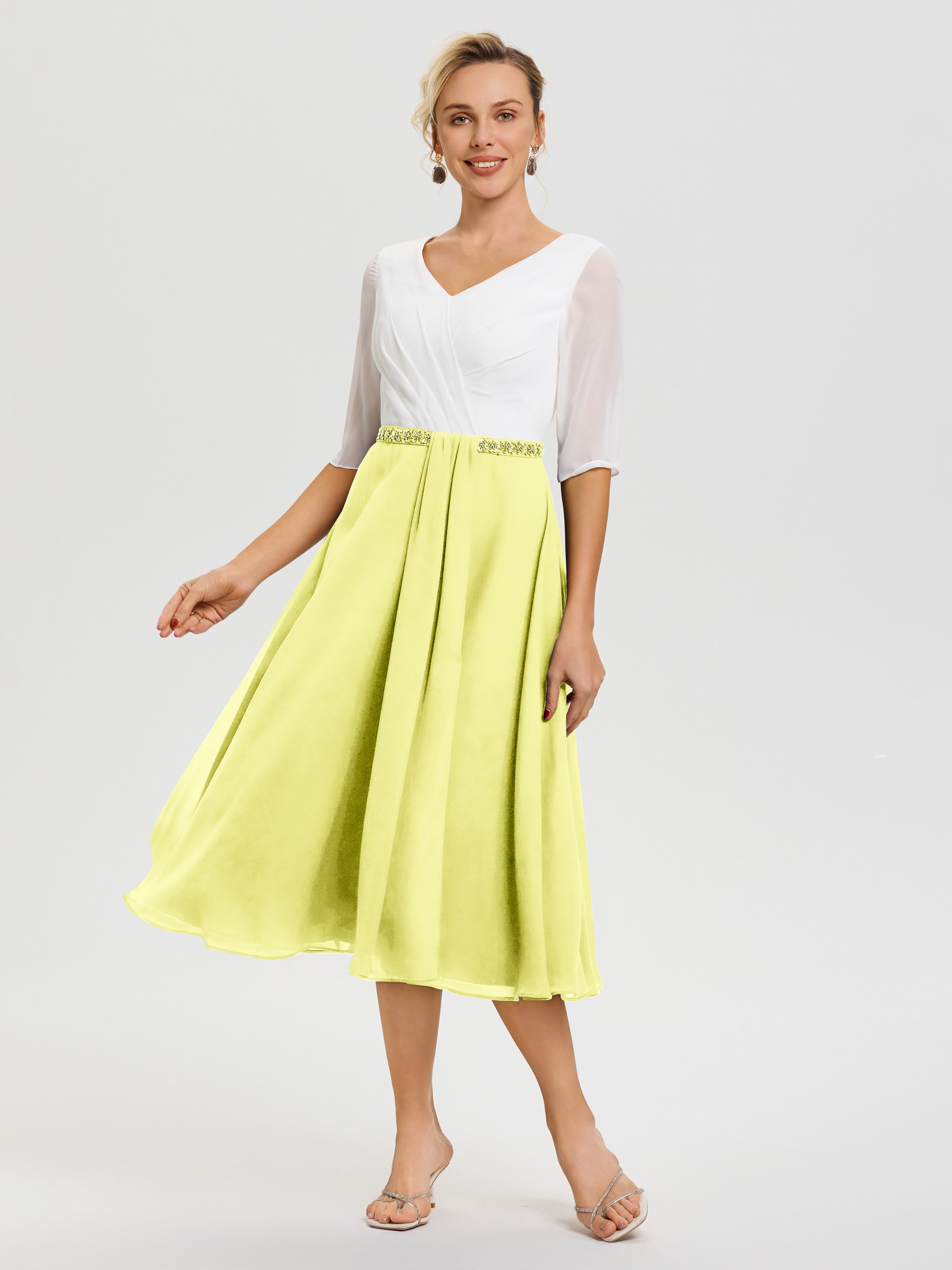 Robe Mariage Mère Du Marié Jonquille Col V Mousseline & Dentelle Demi Manches Robe De La Mère Du Marié