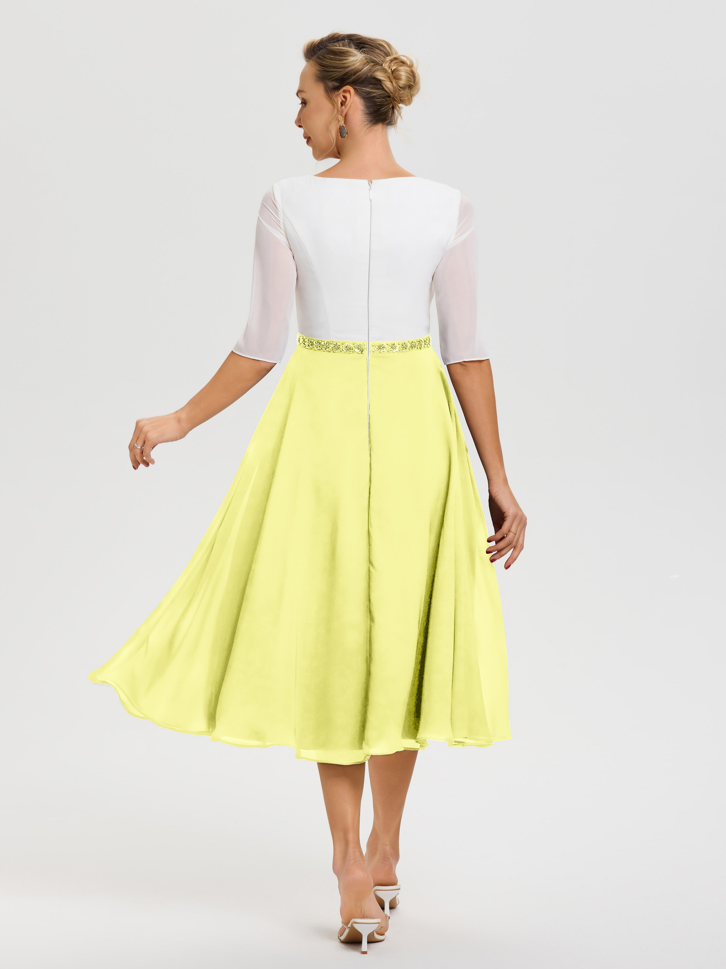 Robe Mariage Mère Du Marié Jonquille Col V Mousseline & Dentelle Demi Manches Robe De La Mère Du Marié