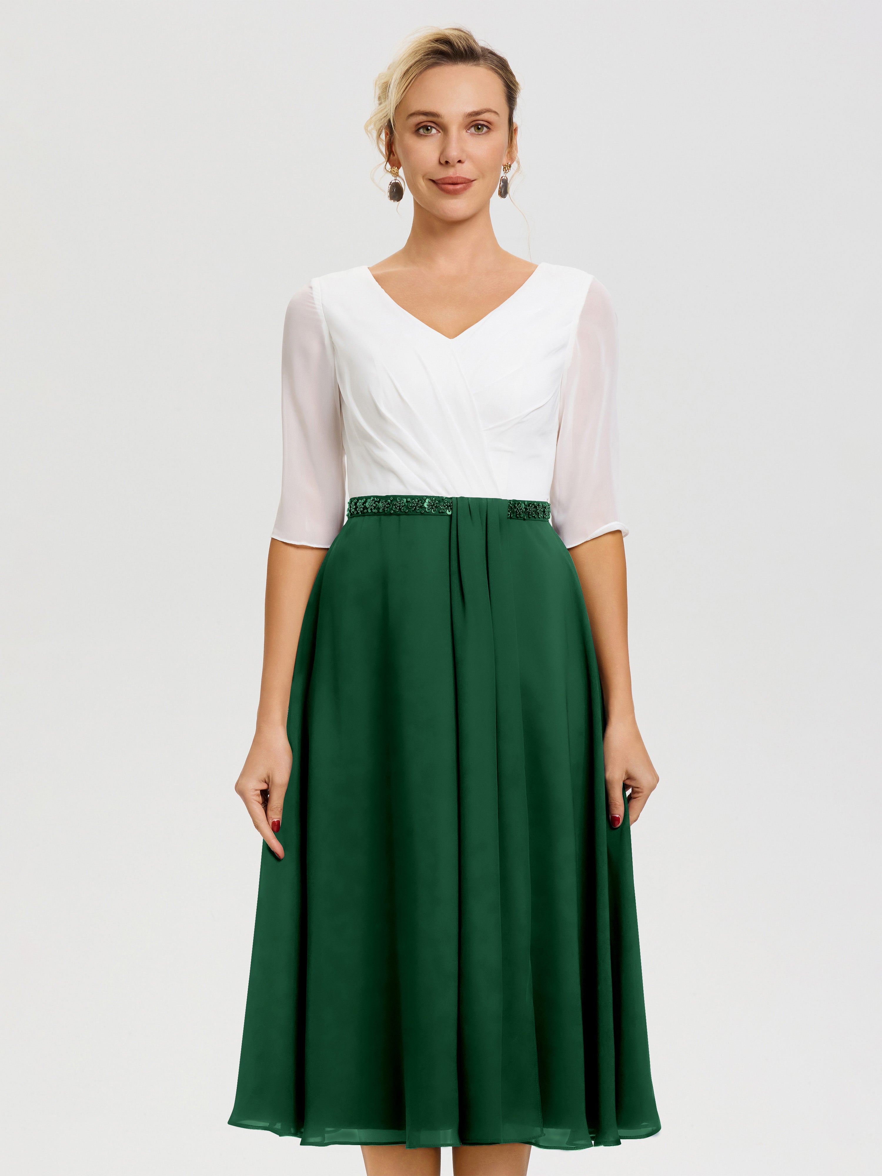 Robe De Mère De Mariée Moderne Vert Foncé Col V Mousseline & Dentelle Demi Manches Robe De La Mère Du Marié