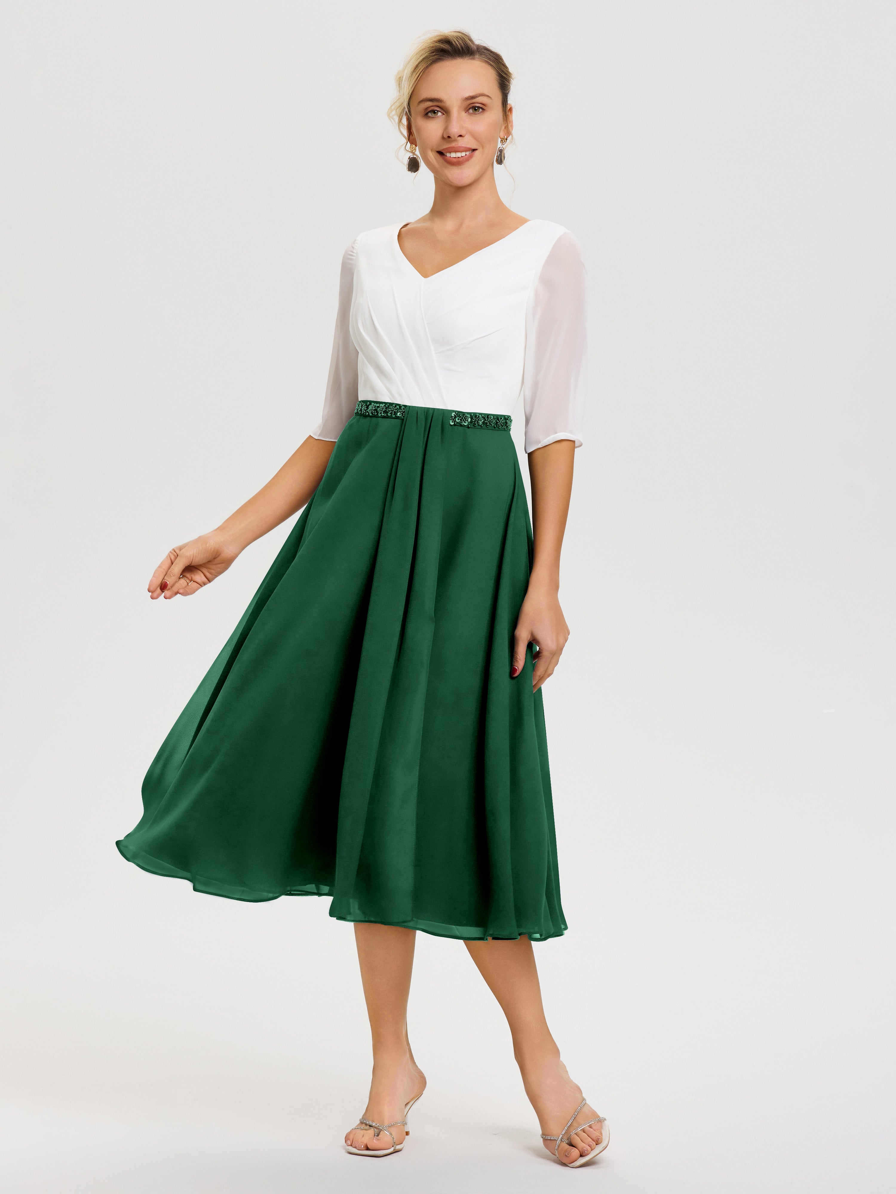 Robe De Mère De Mariée Moderne Vert Foncé Col V Mousseline & Dentelle Demi Manches Robe De La Mère Du Marié