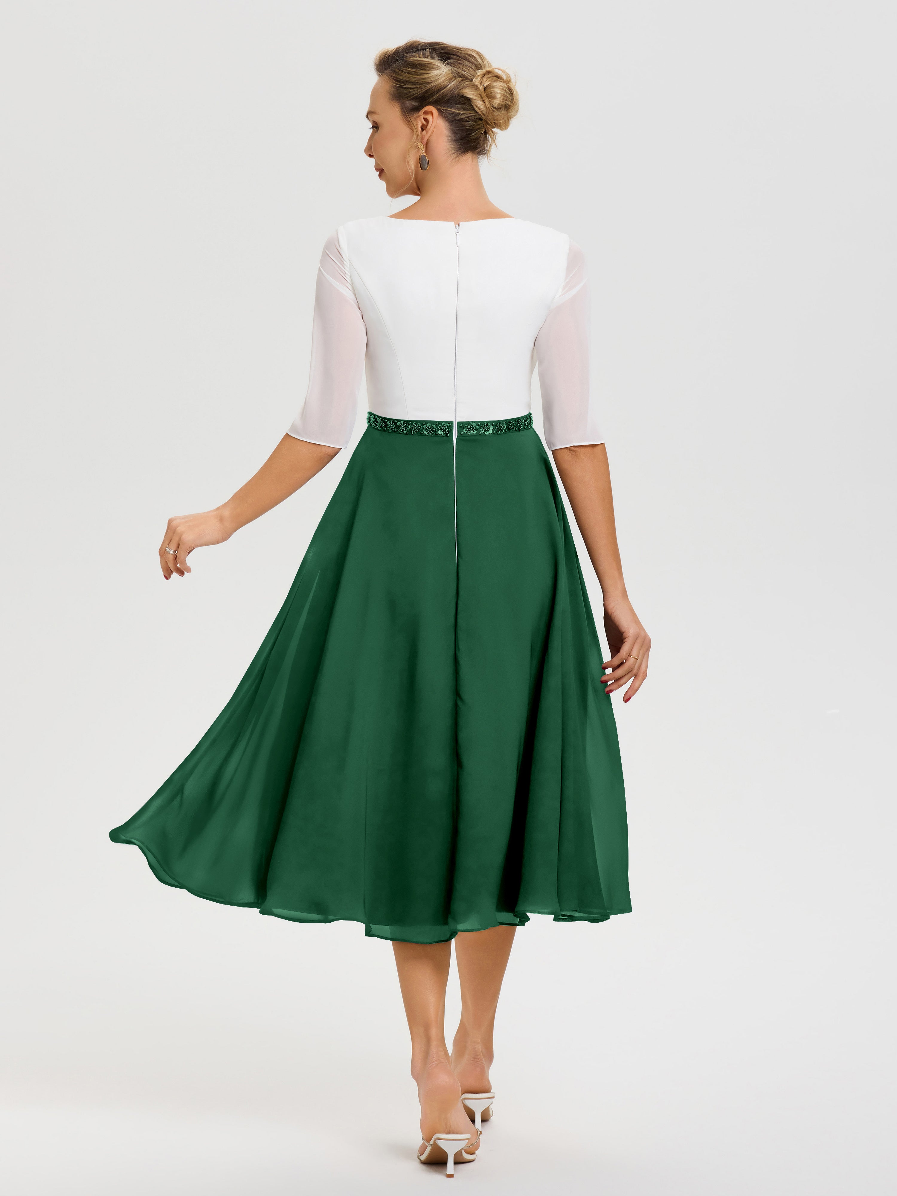 Robe De Mère De Mariée Moderne Vert Foncé Col V Mousseline & Dentelle Demi Manches Robe De La Mère Du Marié