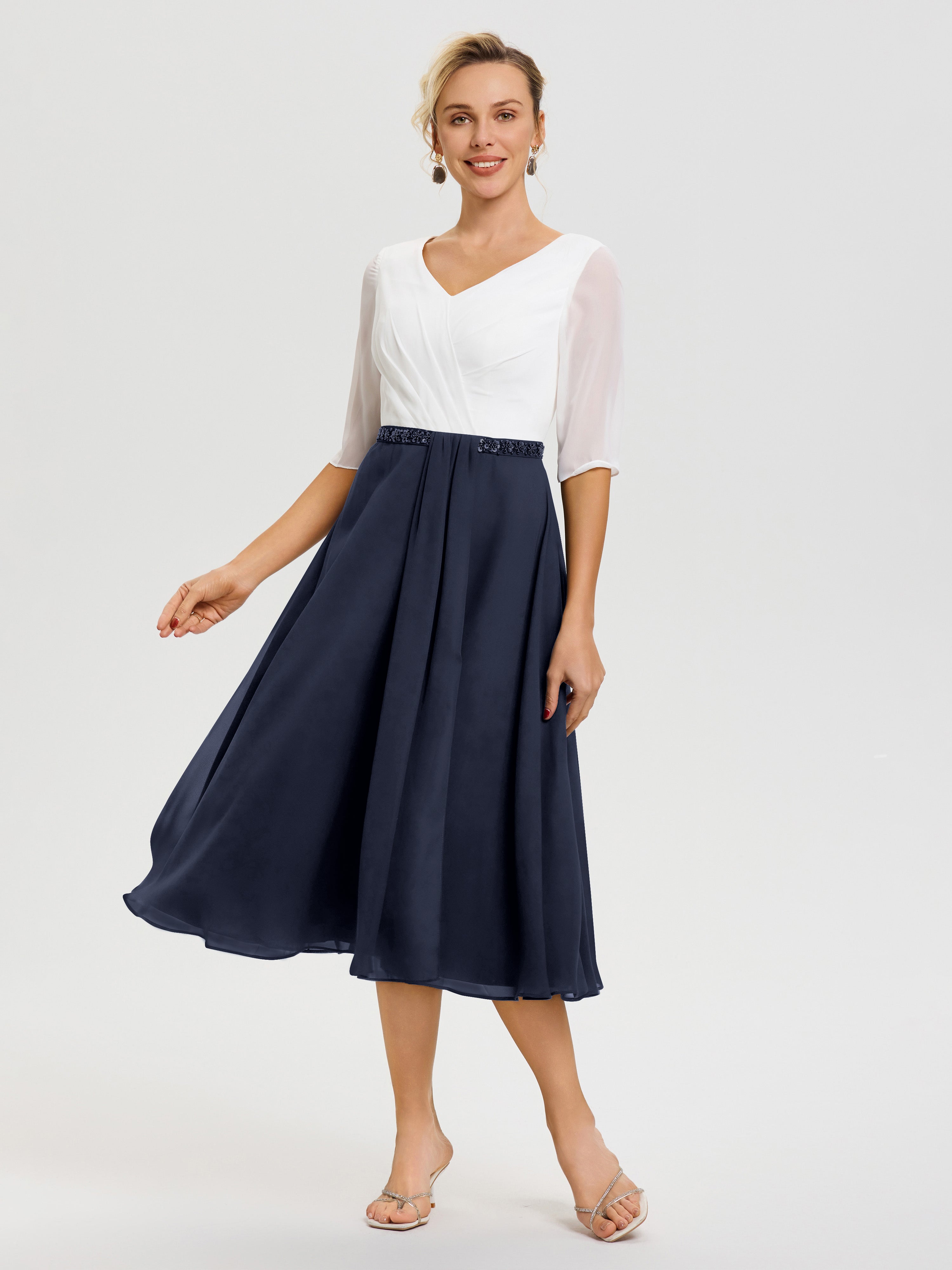 Robe Mere De La Mariee Bleu Marine Col V Mousseline & Dentelle Demi Manches Robe De La Mère Du Marié