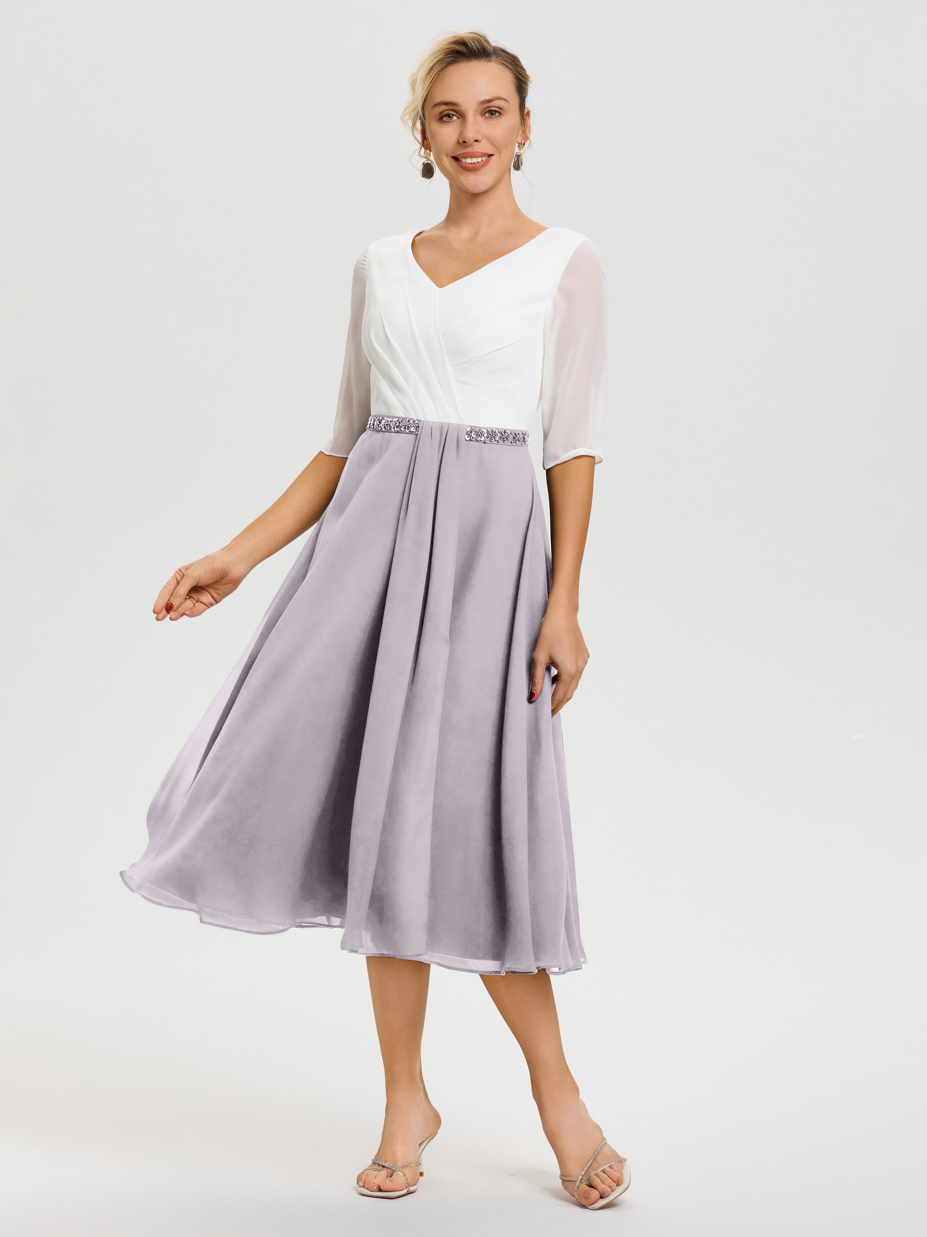 Robe Mère De La Mariée Chic Crepuscule Col V Mousseline & Dentelle Demi Manches Robe De La Mère Du Marié