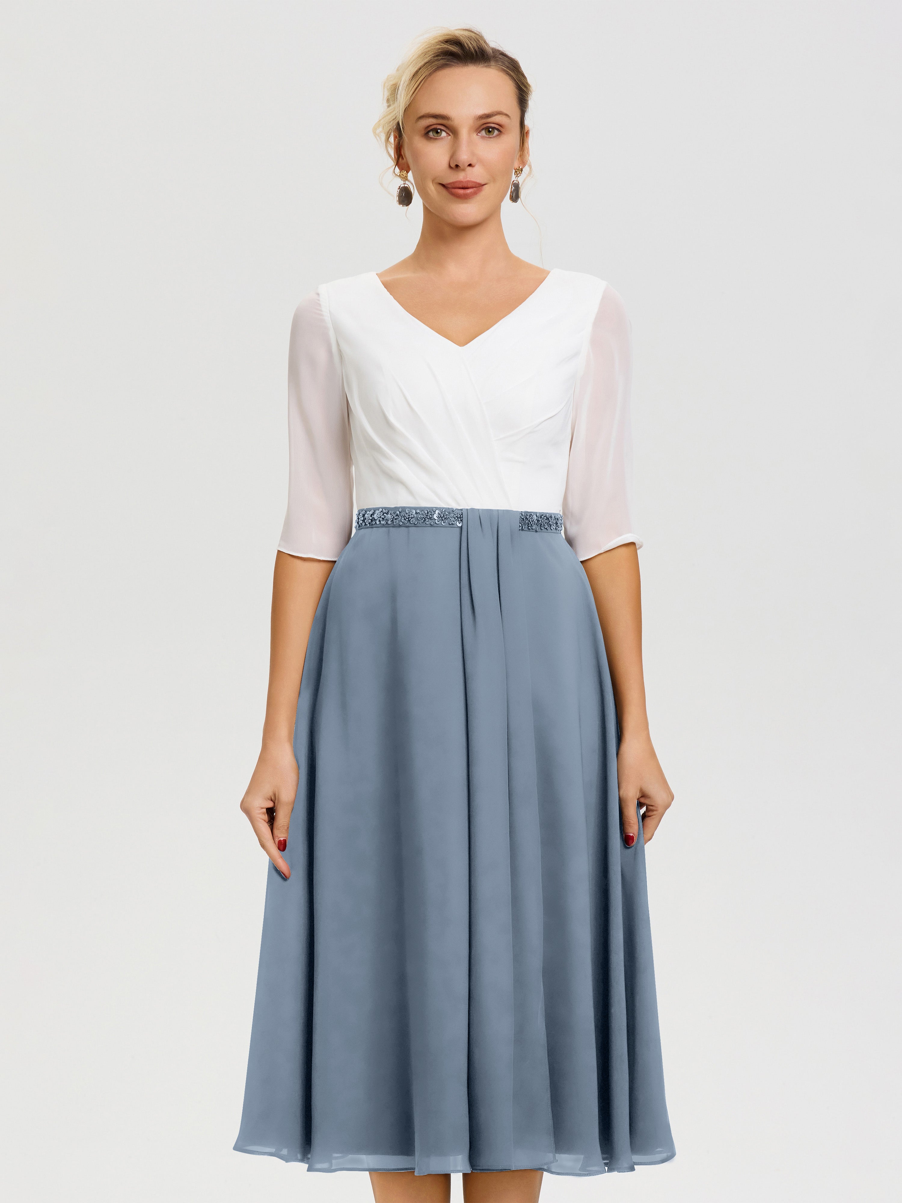 Robe De La Mère De La Mariée Bleu Poudré Col V Mousseline & Dentelle Demi Manches Robe De La Mère Du Marié