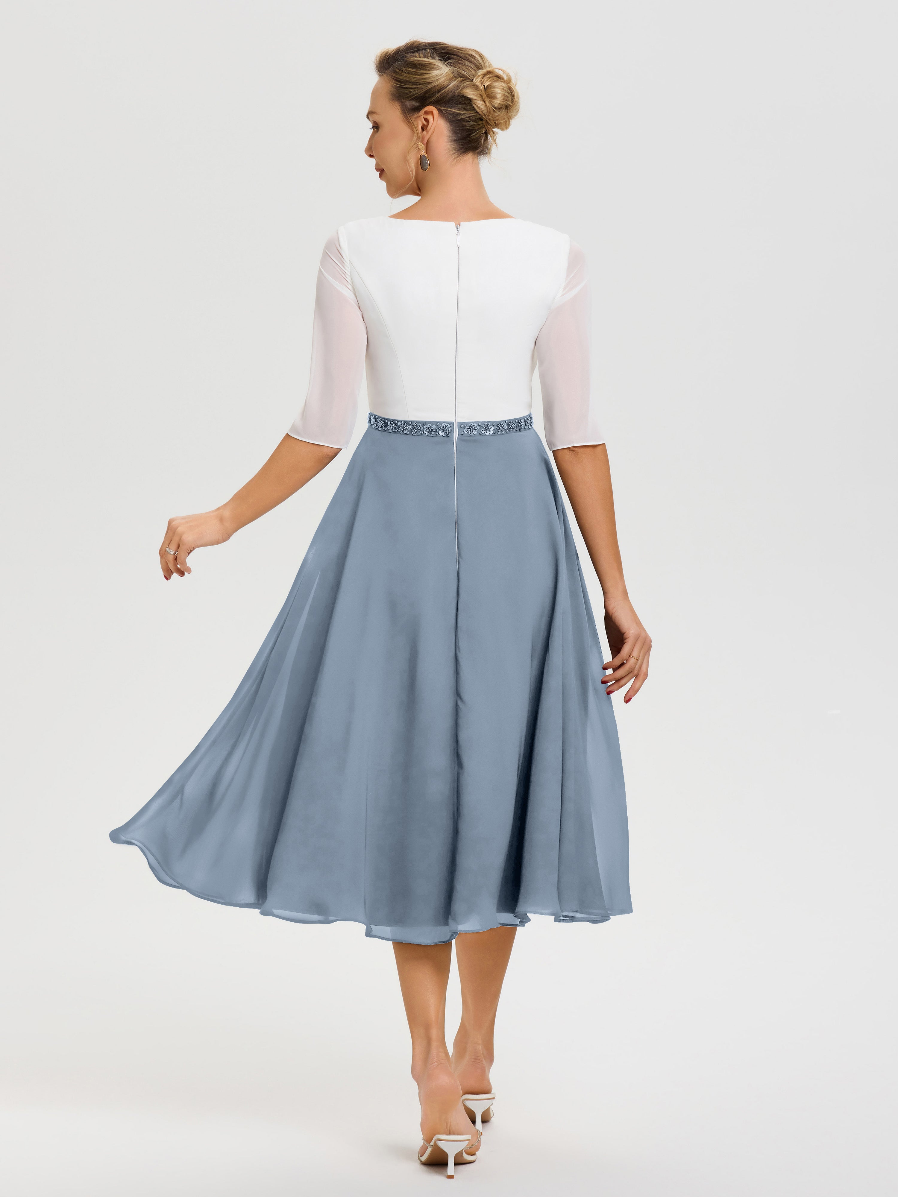 Robe De La Mère De La Mariée Bleu Poudré Col V Mousseline & Dentelle Demi Manches Robe De La Mère Du Marié