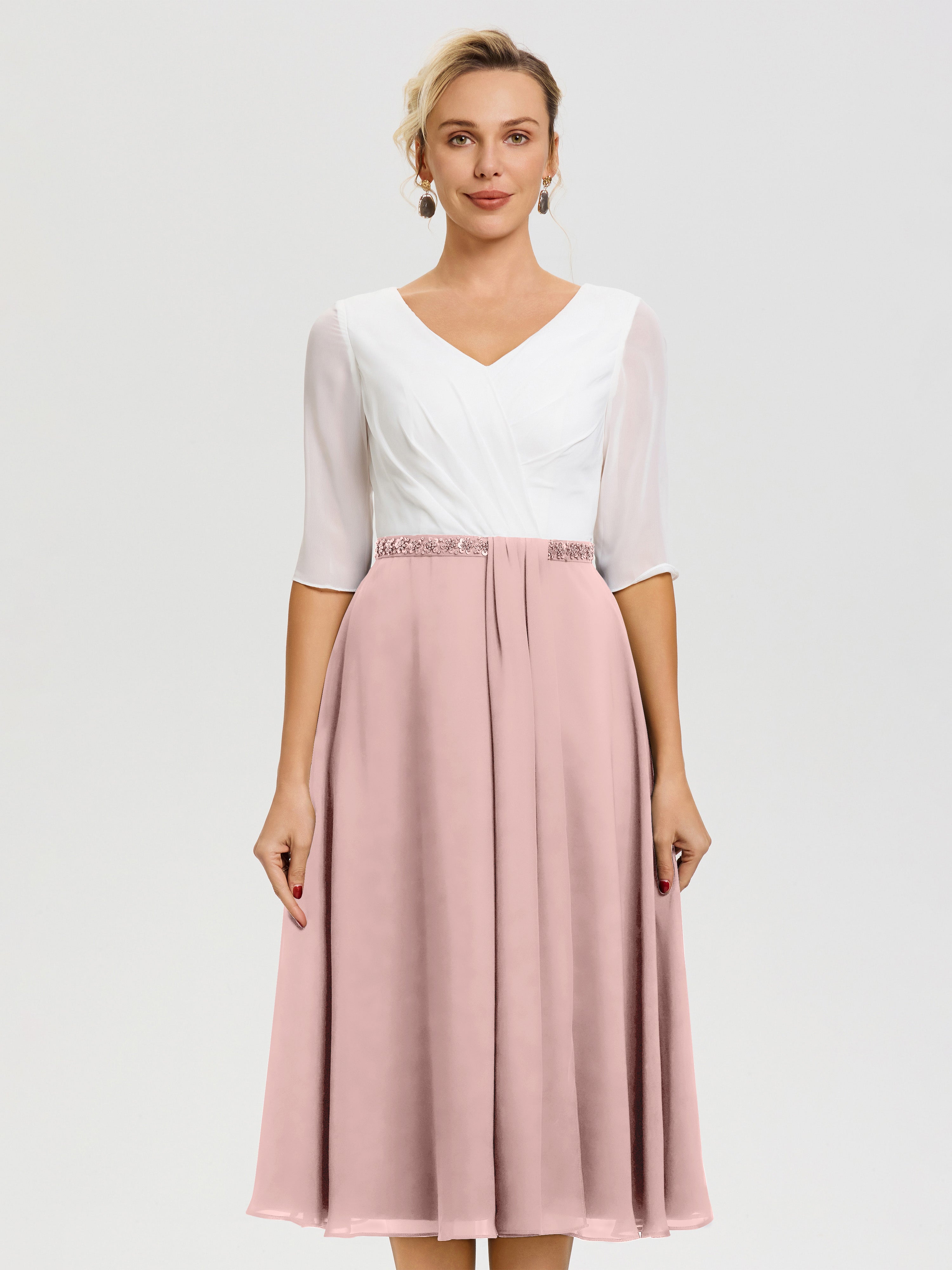 Robe Mere Dela Mariee Rose Poudré Col V Mousseline & Dentelle Demi Manches Robe De La Mère Du Marié